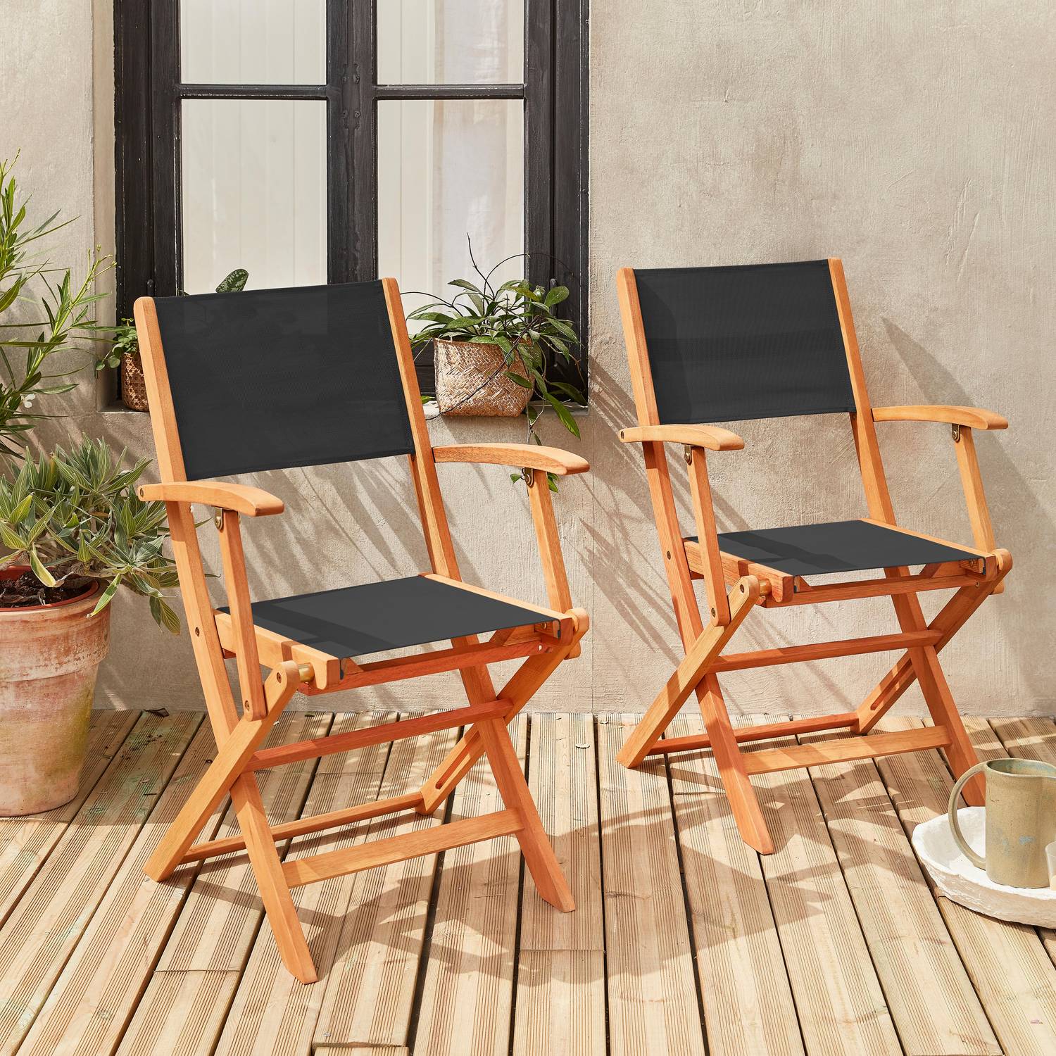 Fauteuils de jardin en bois et textilène - Almeria noir - 2 fauteuils pliants en bois d'Eucalyptus FSC huilé et textilène Photo1