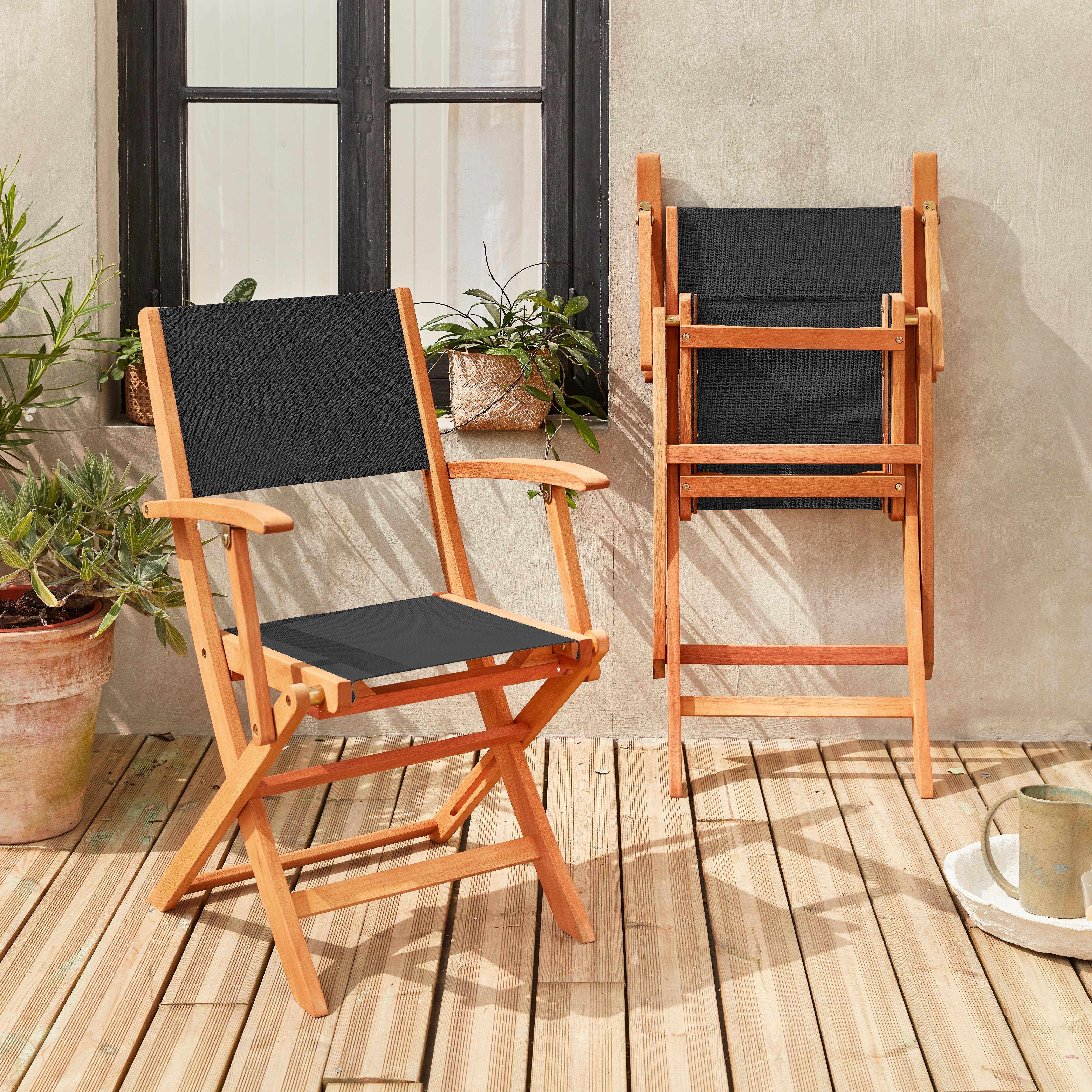 Fauteuils de jardin en bois et textilène - Almeria noir - 2 fauteuils pliants en bois d'Eucalyptus FSC huilé et textilène Photo2