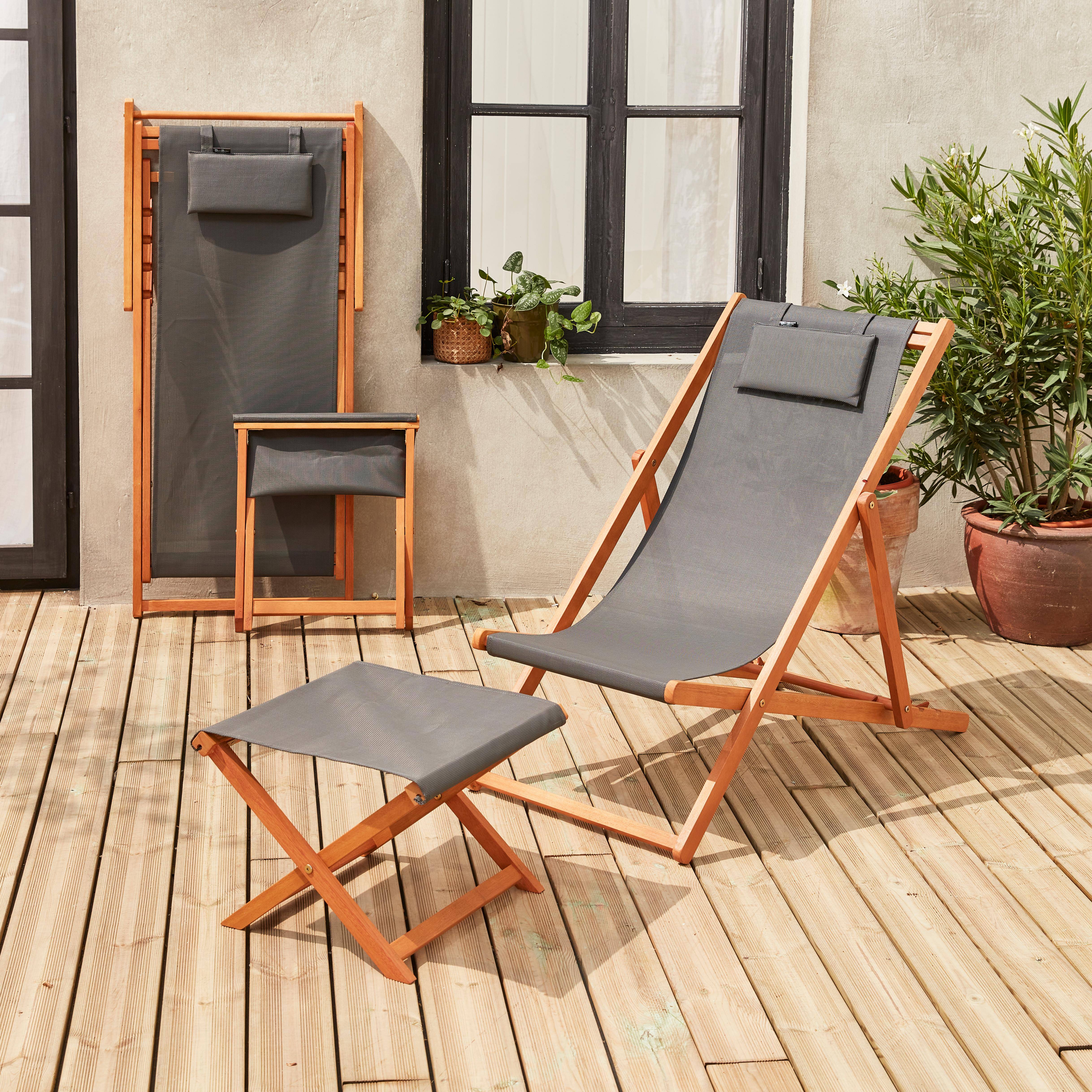 Houten strandstoelen - Creus - 2 houten strandstoelen van geolied FSC Eucalyptushout met grijs hoofdkussentje en voetenbank Photo2