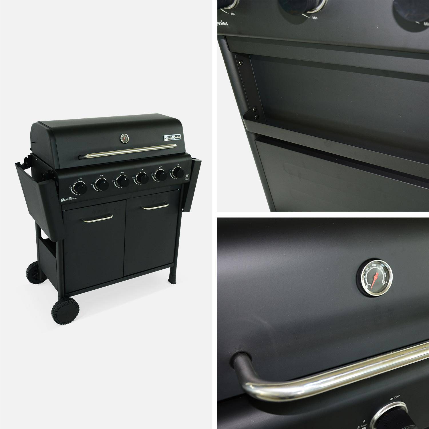 Barbecue BONACIEUX noir et inox au gaz 6 brûleurs avec rangement 2 tablettes rabattables 2 roues PVC Photo5