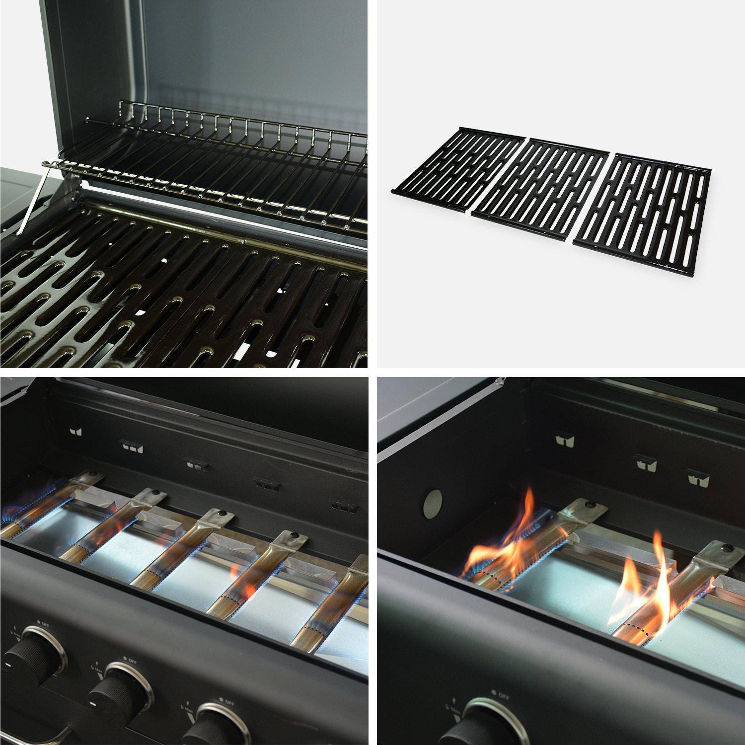 Barbecue BONACIEUX noir et inox au gaz 6 brûleurs avec rangement 2 tablettes rabattables 2 roues PVC Photo7