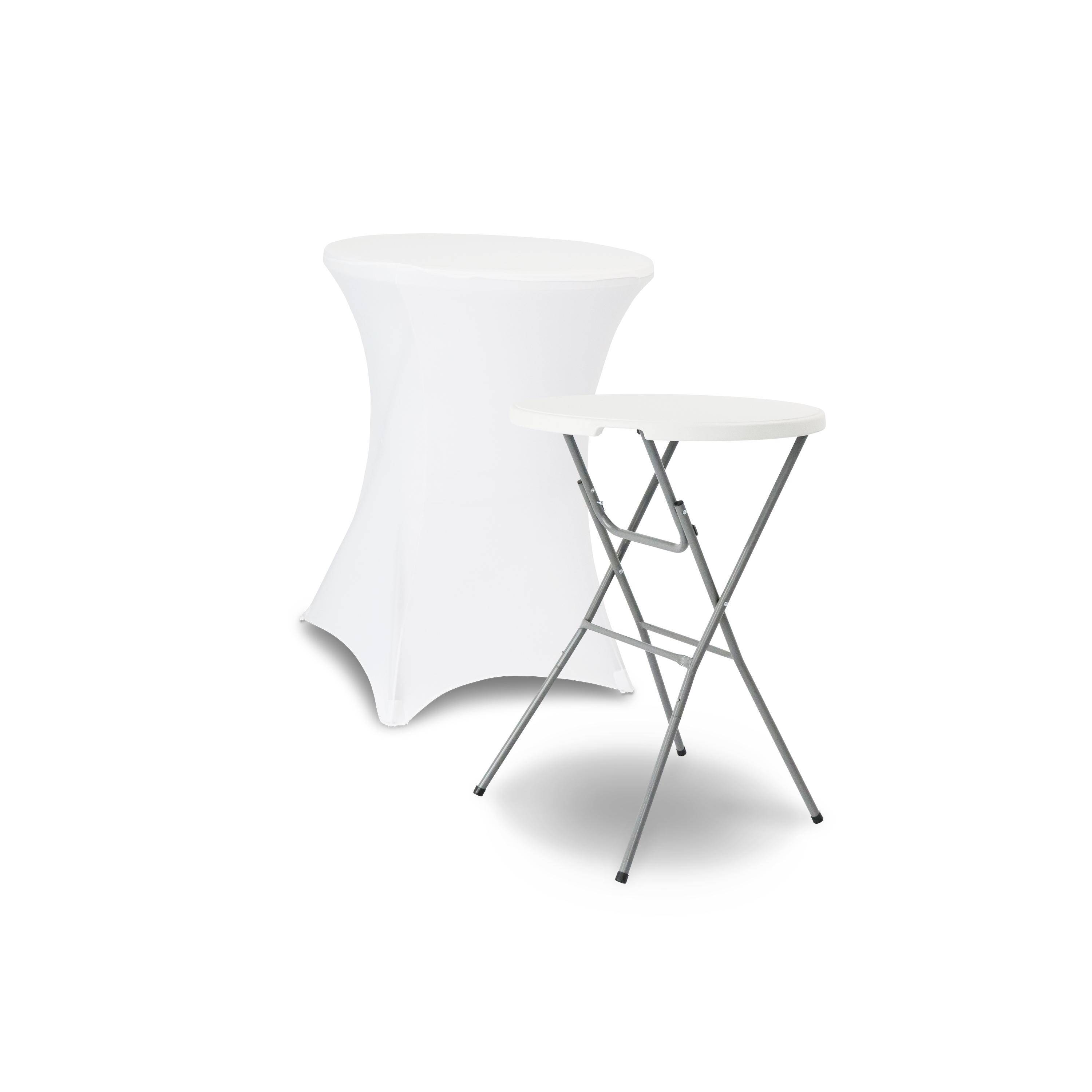 Table haute de réception – GALA – Mange debout, pliable, Ø80cm x 110cm + housse en polyester, blanc  Photo1