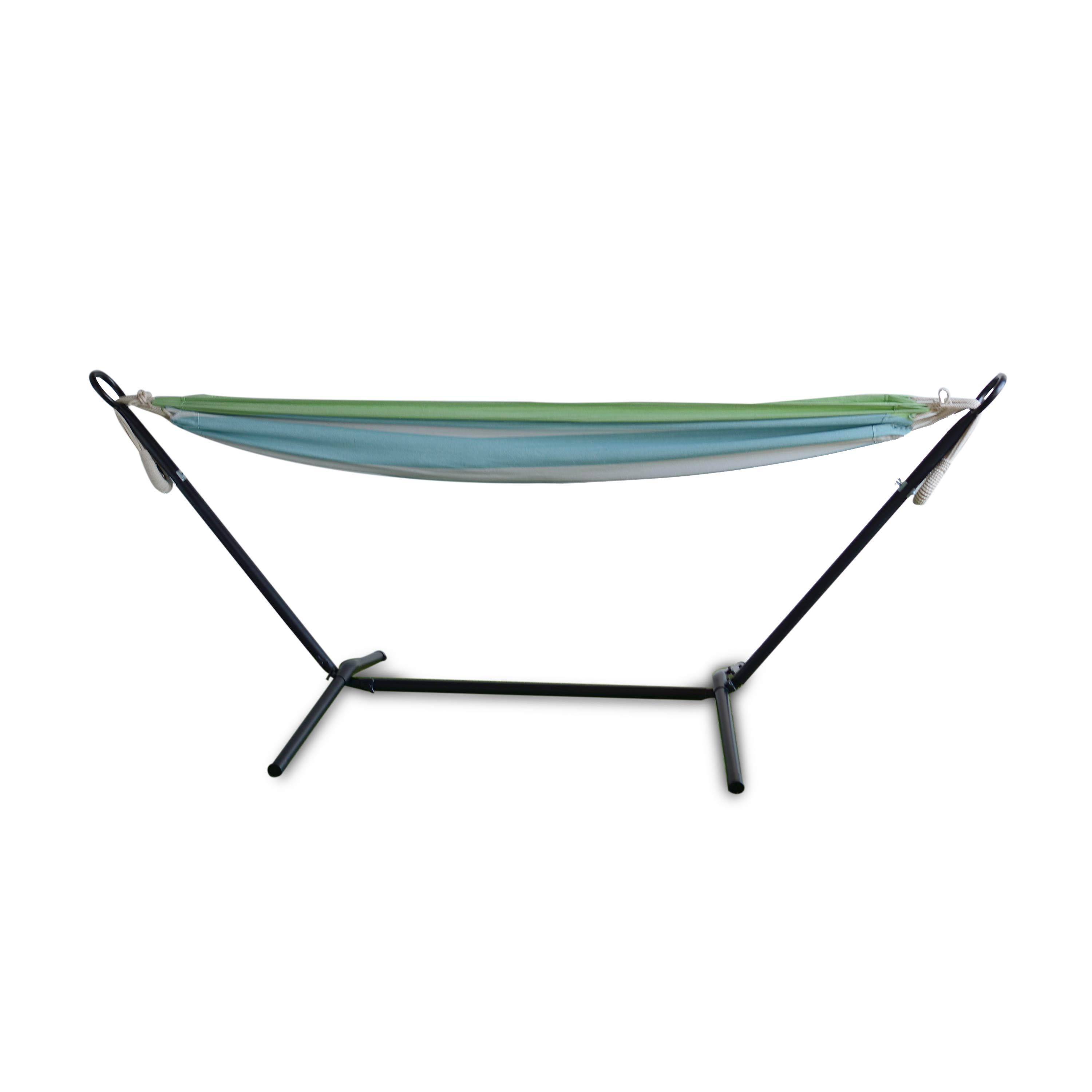 Hangmat voor 1 persoon, 110x220cm, met touwen en karabijnhaken, met standaard, groen en blauw gestreept Photo1