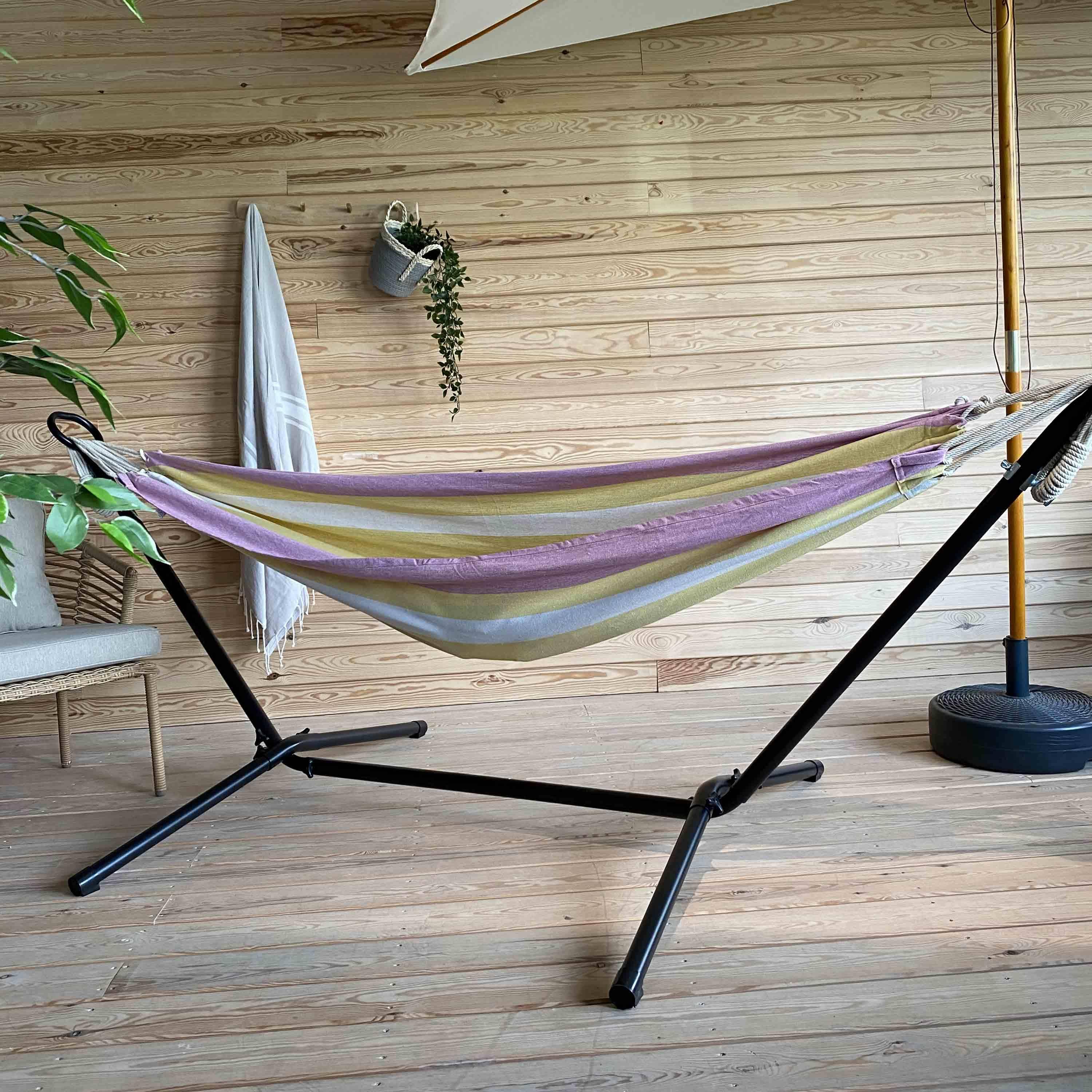 Hangmat voor 1 persoon, 110x220cm, met touwen en karabijnhaken, met standaard, geel en roze gestreept Photo4