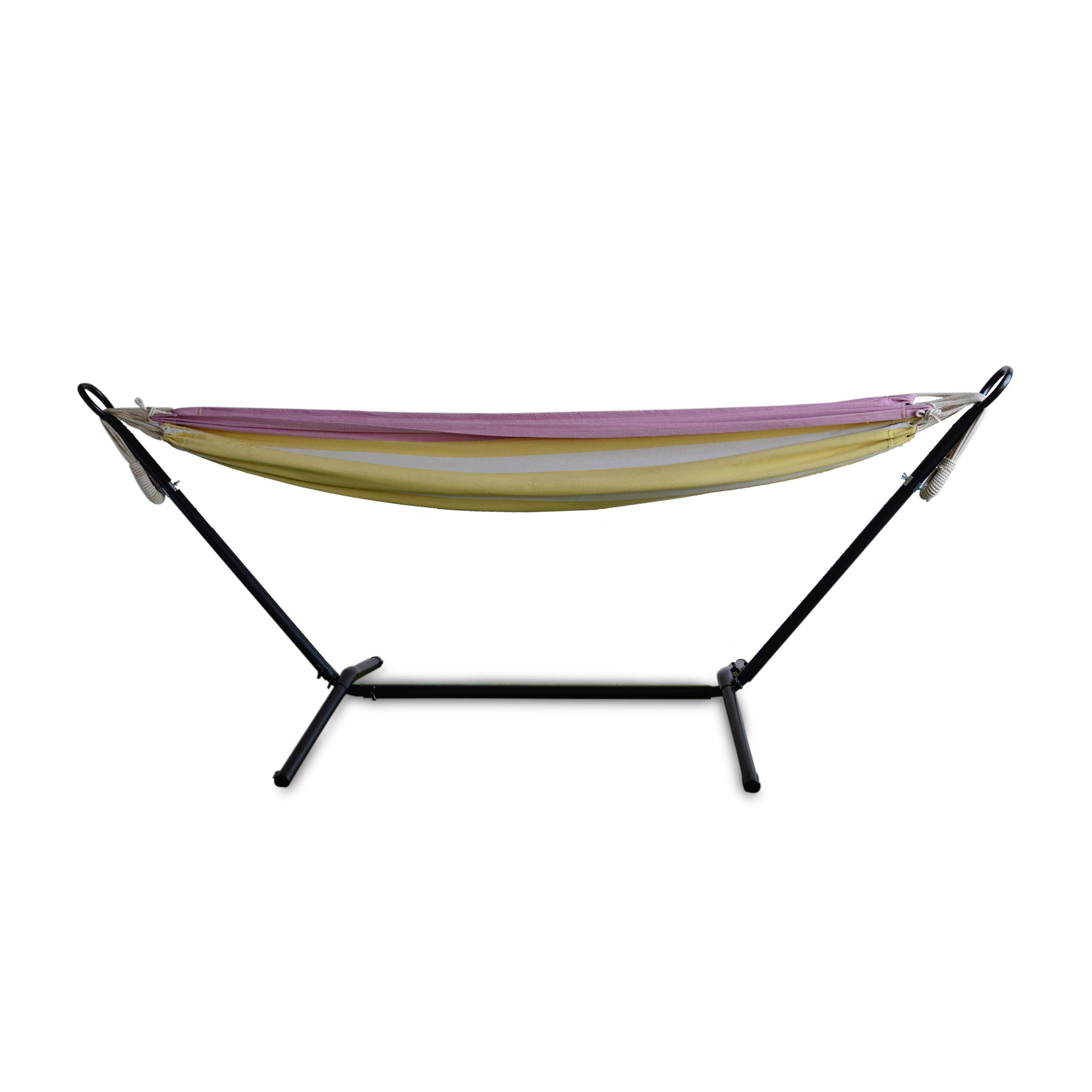Hangmat voor 1 persoon, 110x220cm, met touwen en karabijnhaken, met standaard, geel en roze gestreept Photo1