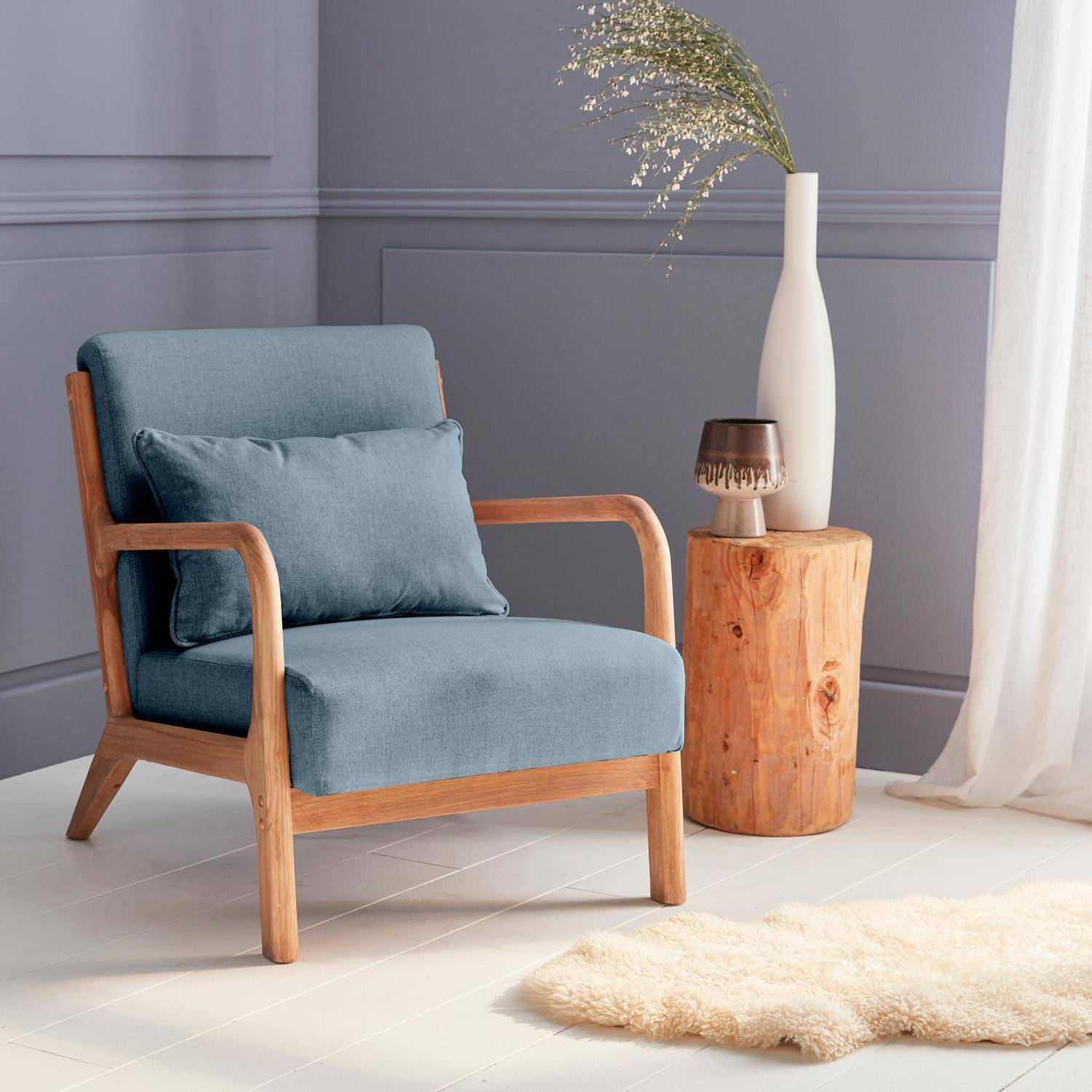 Fauteuil design en bois et tissu, 1 place droit fixe, pieds compas scandinave, assise confortable, structure en bois solide, bleu Photo1