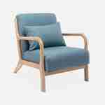 Fauteuil design en bois et tissu, 1 place droit fixe, pieds compas scandinave, assise confortable, structure en bois solide, bleu Photo4