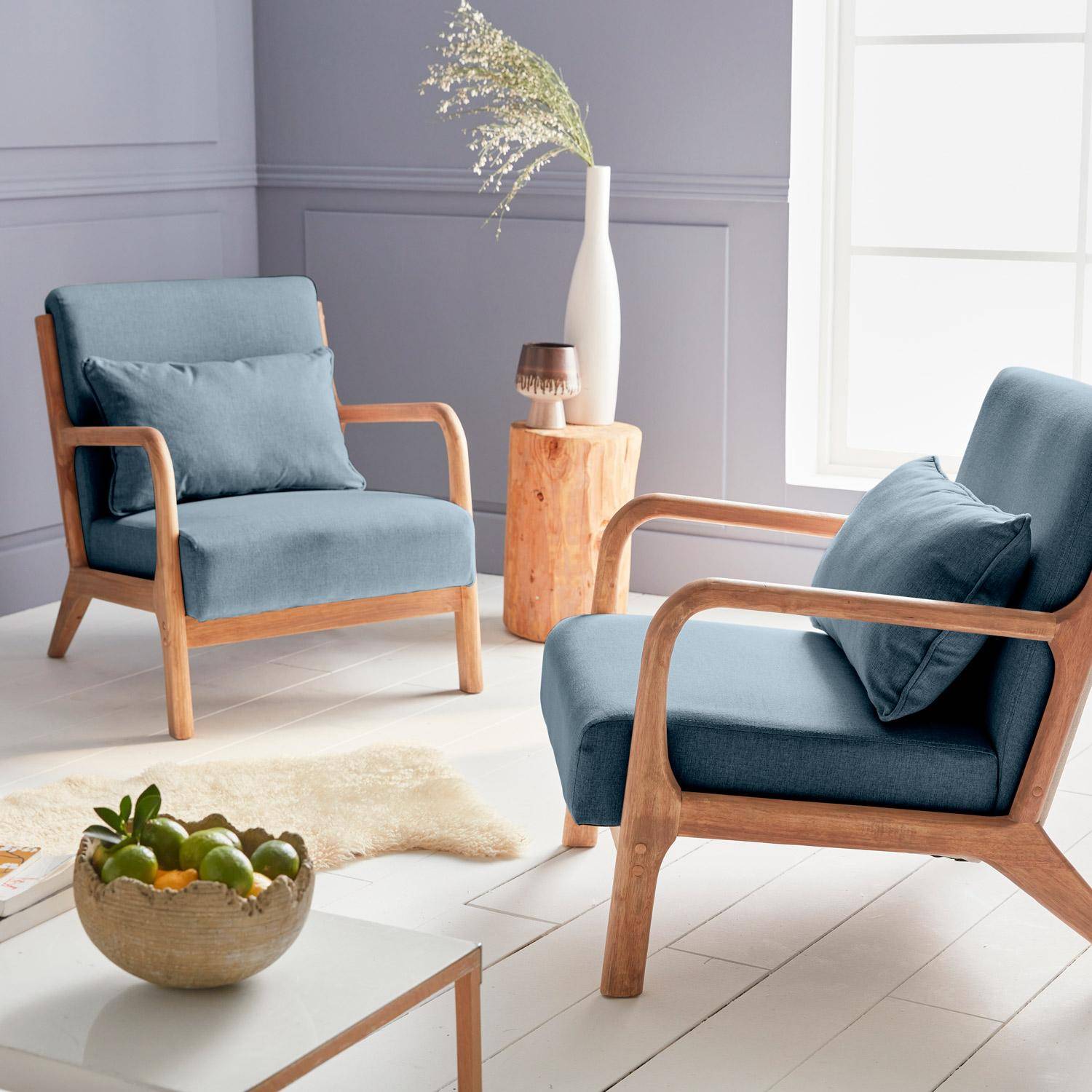 Design Sessel Holz und Stoff, Blau, gerades Fauteuil Lorens, skandinavische Zirkelbeine  Photo2