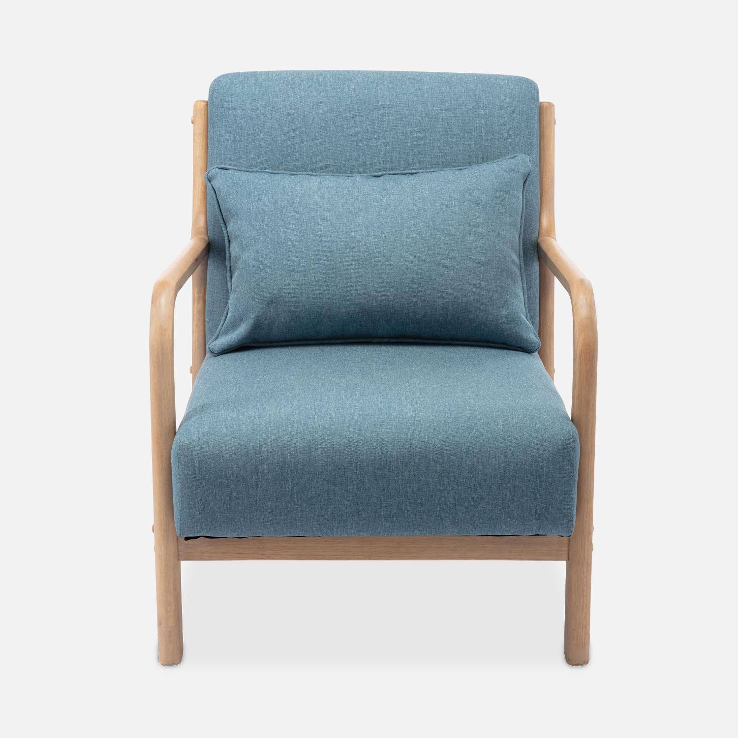 Poltrona di design in legno e tessuto, 1 seduta fissa diritta, gambe a compasso scandinave, blu Photo5