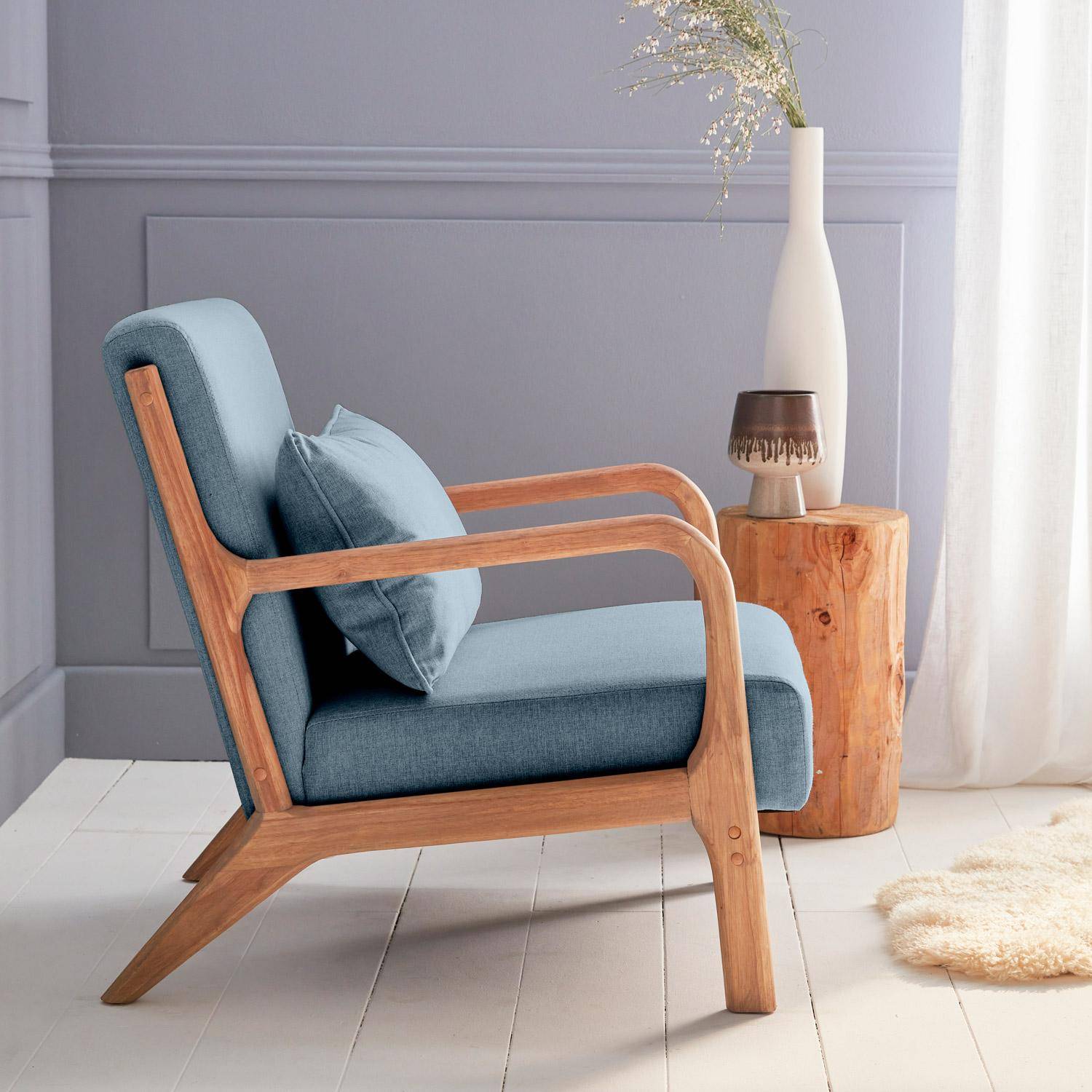 Poltrona di design in legno e tessuto, 1 seduta fissa diritta, gambe a compasso scandinave, blu Photo3