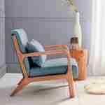 Cadeirão de design em madeira e tecido, 1 assento reto fixo, pernas escandinavas em forma de compasso, assento confortável, estrutura em madeira maciça, azul Photo3