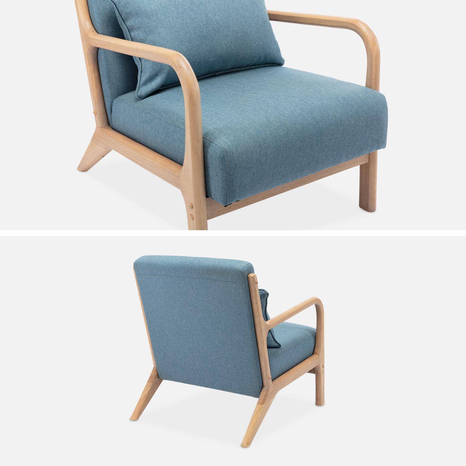 Design Sessel Holz und Stoff, Blau, gerades Fauteuil Lorens, skandinavische Zirkelbeine  Photo6
