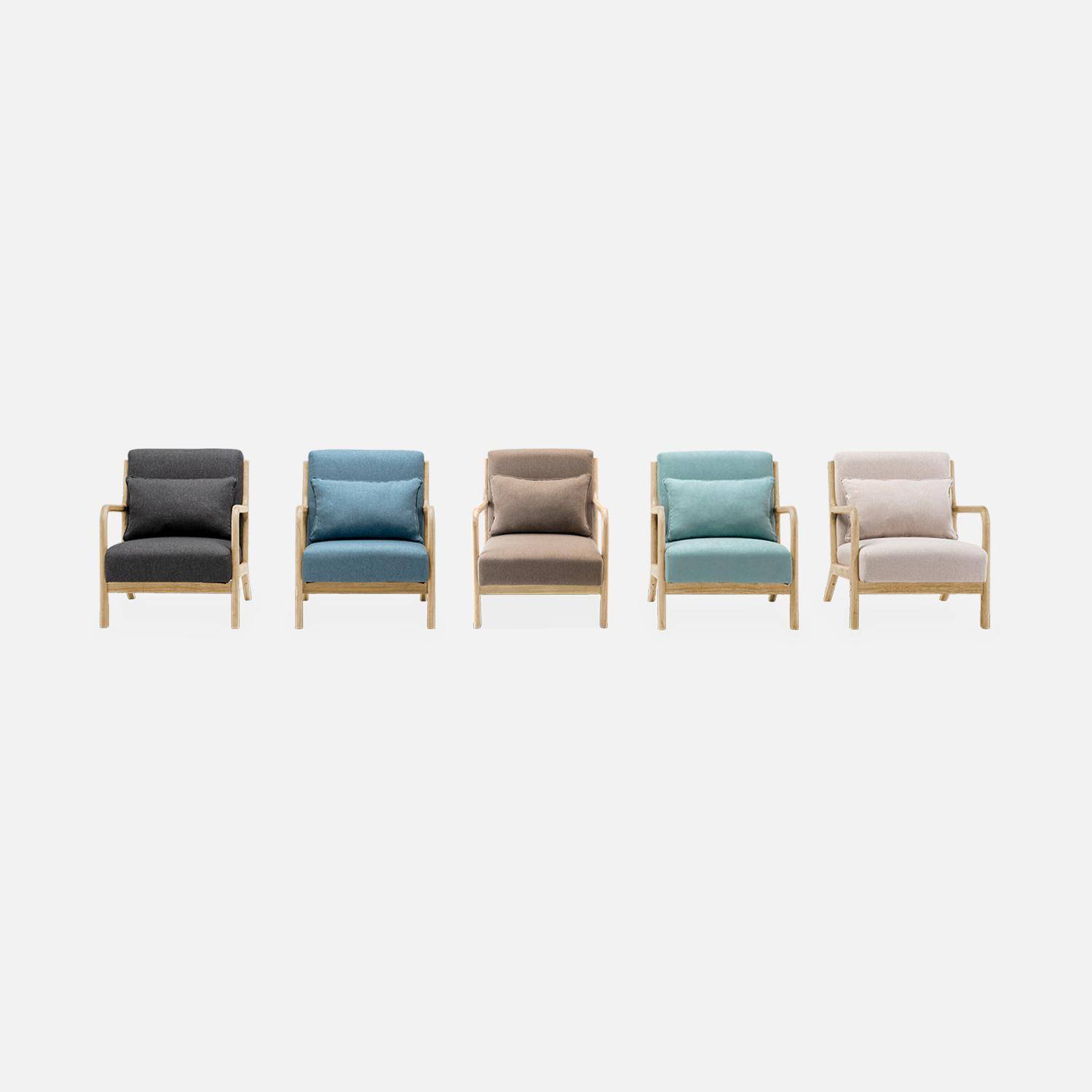 Design fauteuil van hout en stof, 1 vaste rechte zitting, kompaspoten, Scandinavische stijl Photo8