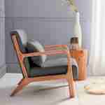 Design fauteuil van hout en stof, 1 vaste rechte zitting, kompaspoten, Scandinavische stijl Photo2