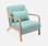 Design Sessel Holz und Stoff, Wassergrün, gerades Fauteuil Lorens, skandinavische Zirkelbeine 