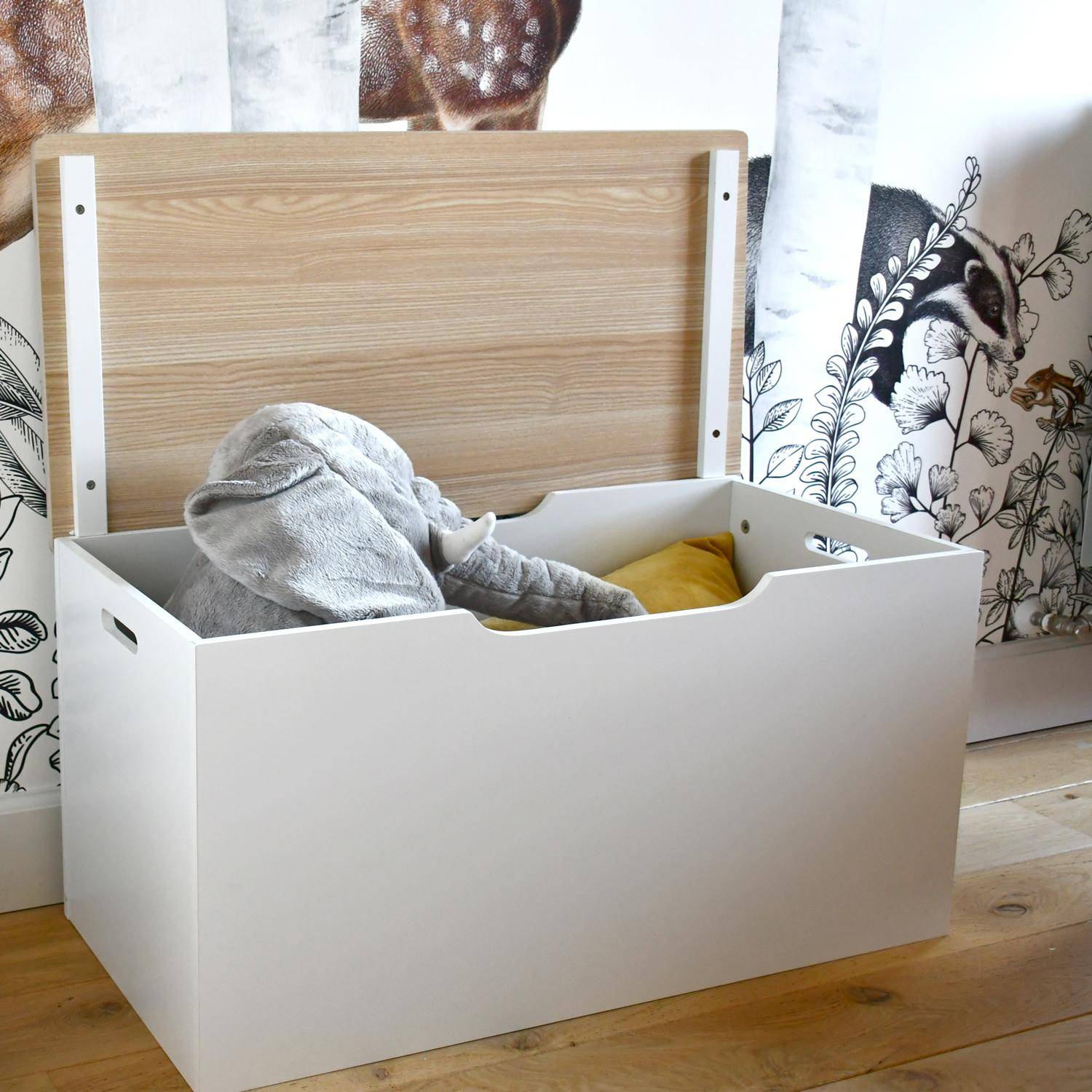 Cofre de juguetes, madera maciza de pino natural blanco - Tobias - 80x40 cm, tapa abatible, asas laterales Photo2