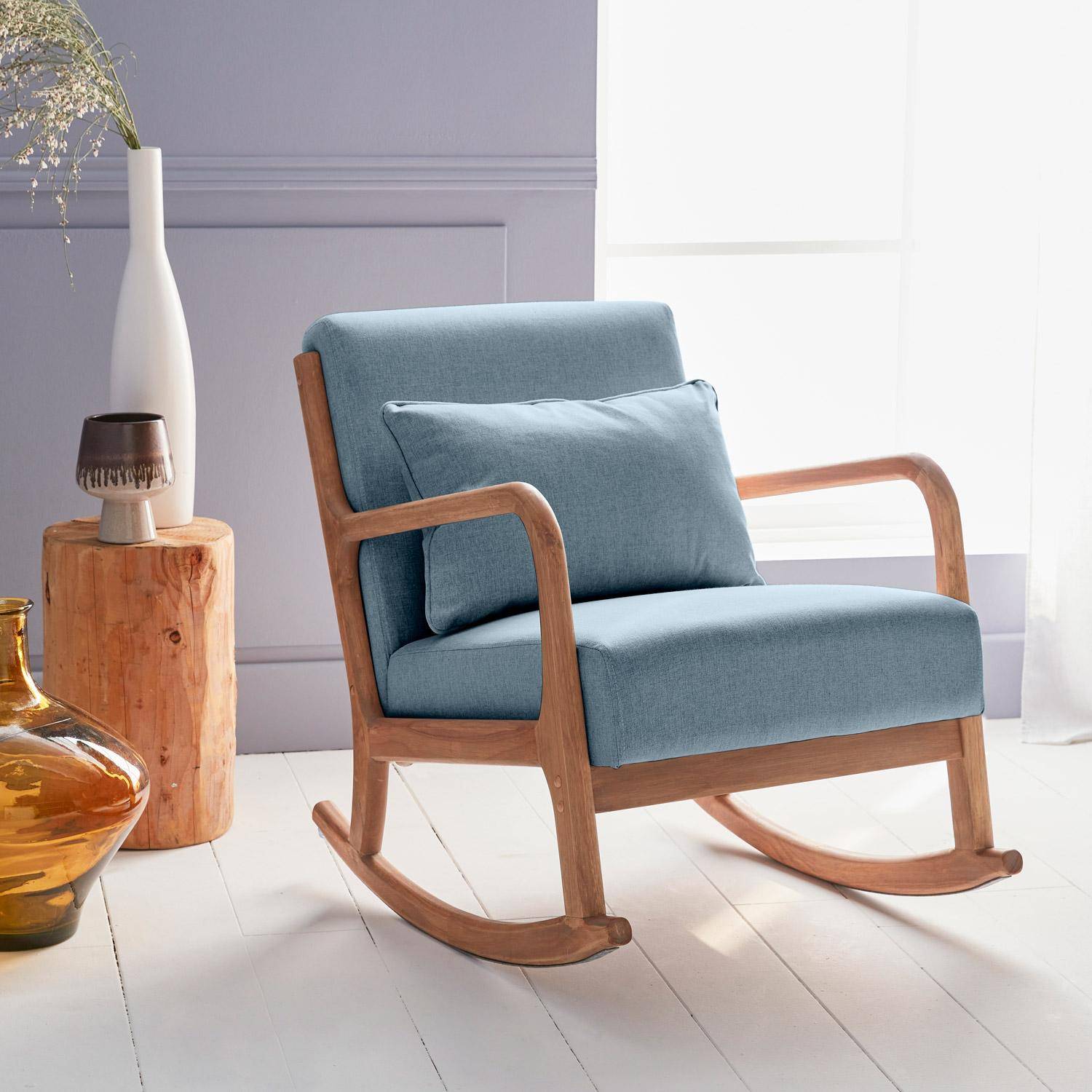 Cadeira de baloiço de design em madeira e tecido, 1 assento, cadeira de baloiço escandinava, azul Photo1
