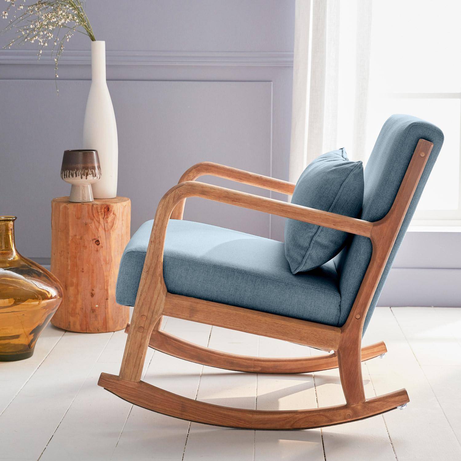 Fauteuil à bascule design en bois et tissu, 1 place, rocking chair scandinave, bleu Photo2