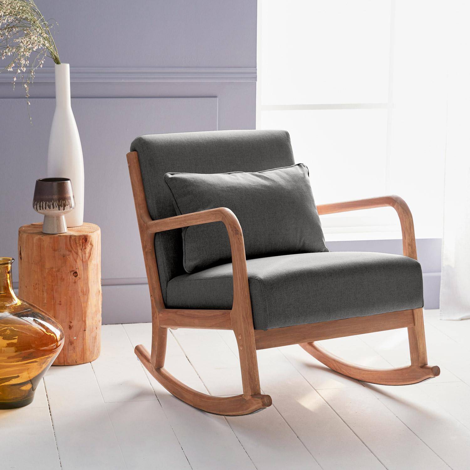 Cadeira de baloiço de design em madeira e tecido, 1 assento, cadeira de baloiço escandinava, cinza Photo1