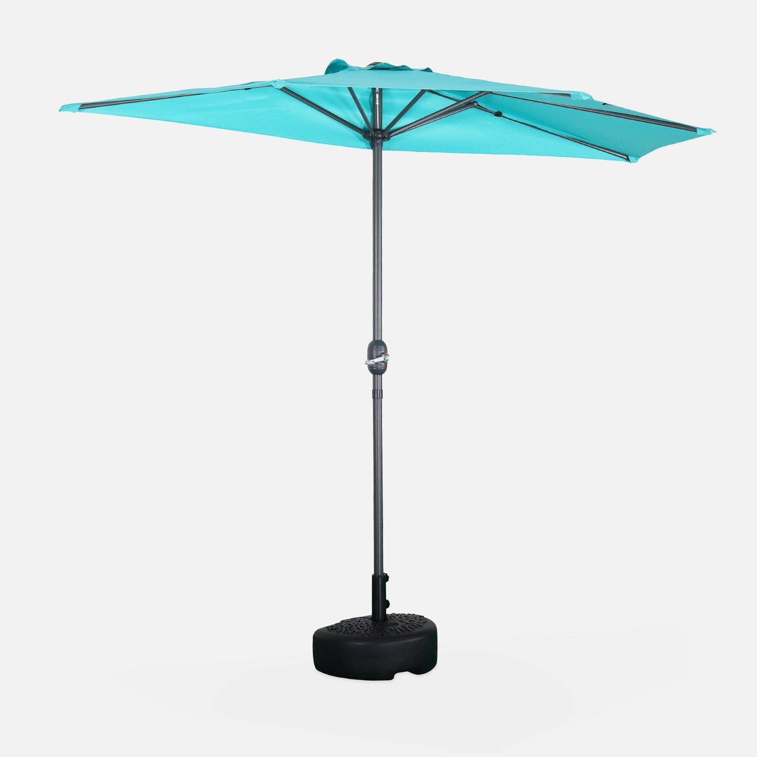  Parasol de balcon Ø250cm  – CALVI – Demi-parasol droit, mât en aluminium avec manivelle d’ouverture, toile turquoise Photo1
