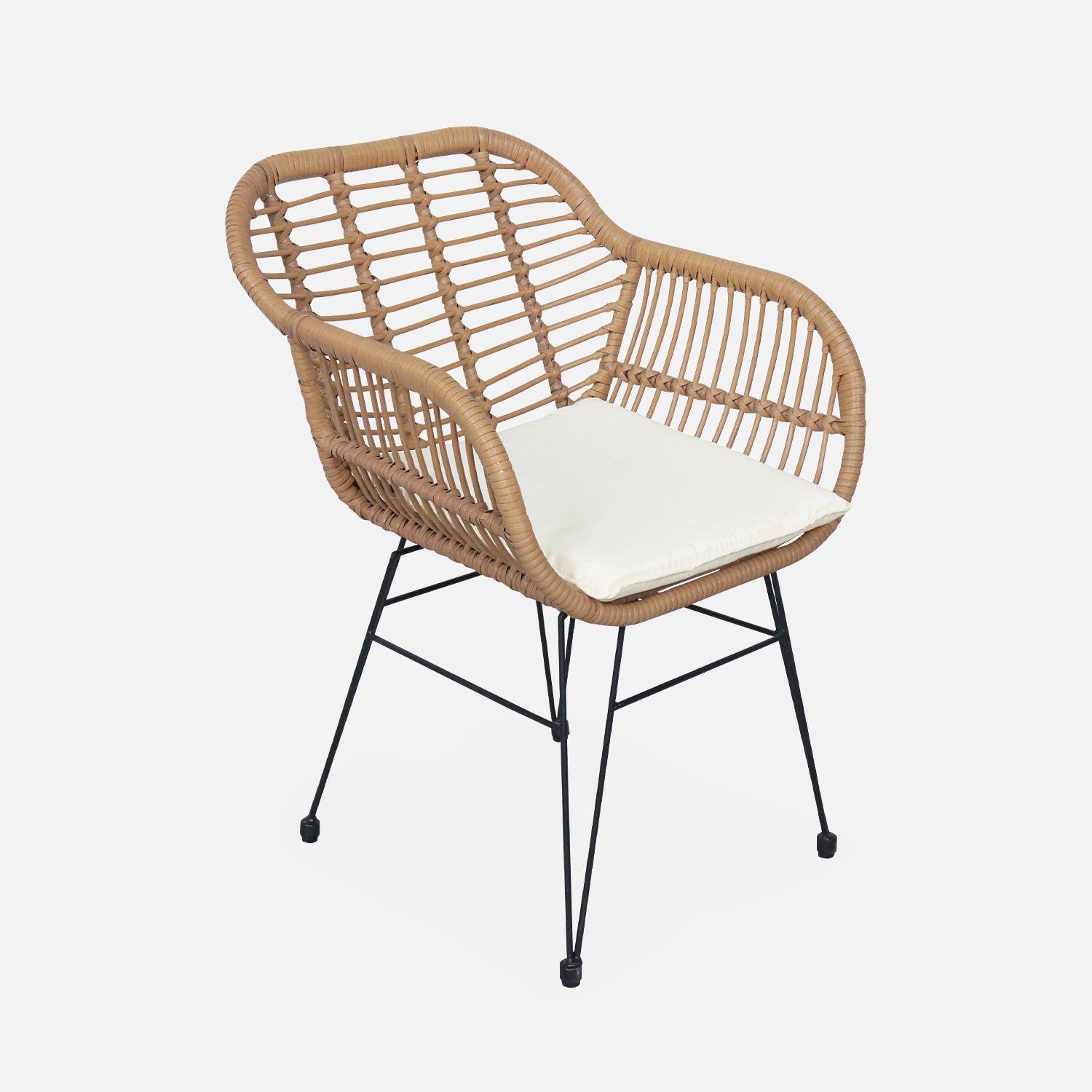 Set van 2 wicker stoelen met bamboe effect, zwart metalen frame, afneembare hoezen, beige kussen Photo5