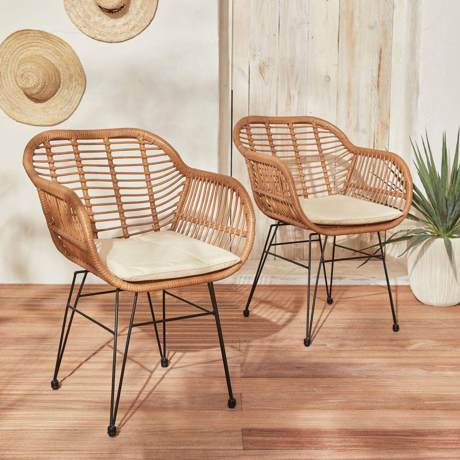 Set van 2 wicker stoelen met bamboe effect, zwart metalen frame, afneembare hoezen, beige kussen Photo1