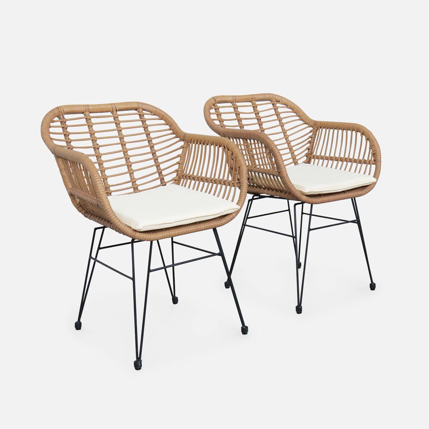 Set van 2 wicker stoelen met bamboe effect, zwart metalen frame, afneembare hoezen, beige kussen Photo4