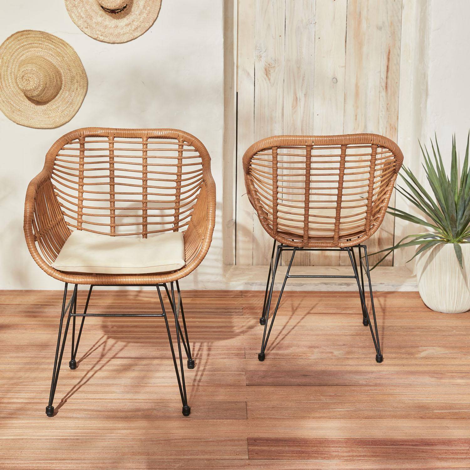 Lot de deux fauteuils effet bambou - résine et métal noir, style colonial, assise beige Photo3