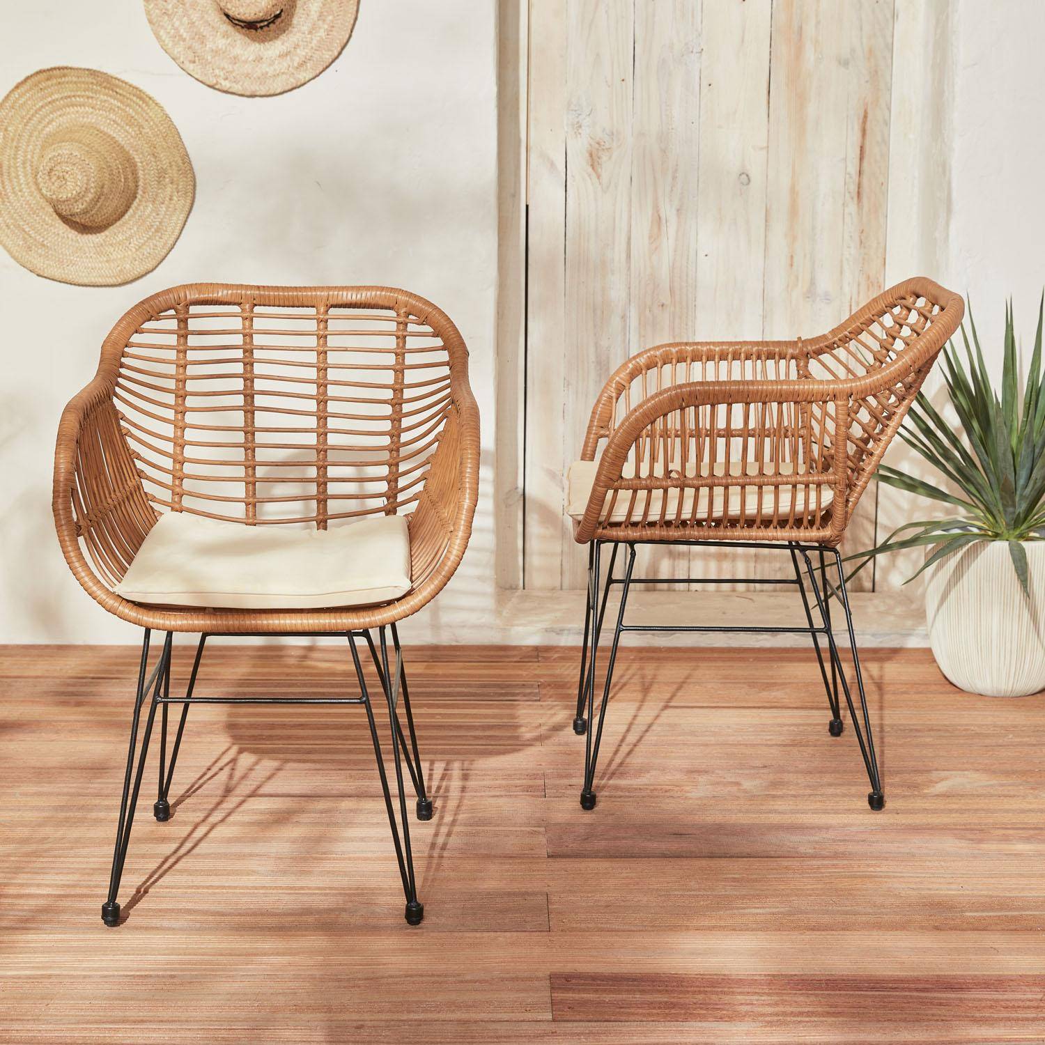 Set van 2 wicker stoelen met bamboe effect, zwart metalen frame, afneembare hoezen, beige kussen Photo2