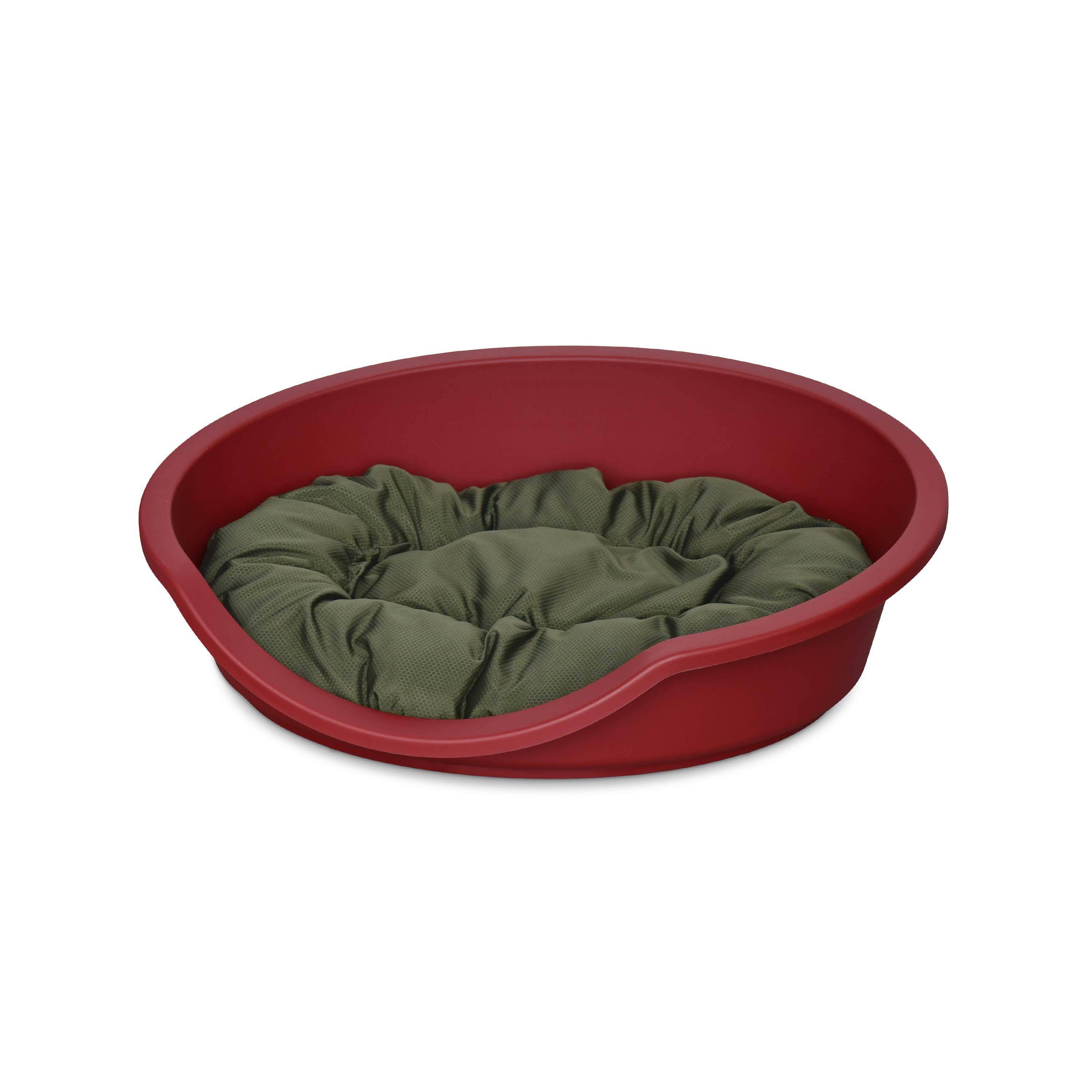 Corbeille en plastique rouge pour grand chien +  Coussin en coton et en polyester kaki et gris 85 x 70 cm de forme ovale, taille L  Photo1