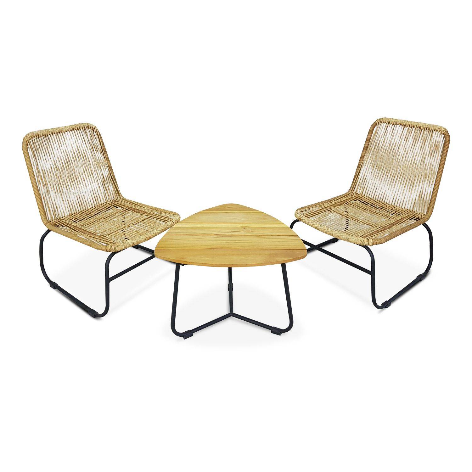 Salón de jardín 2 plazas LOMBOK – Lote de 2 sillas con mesa auxiliar, resina trenzada efecto ratán, cojines gris claro jaspeado Photo4
