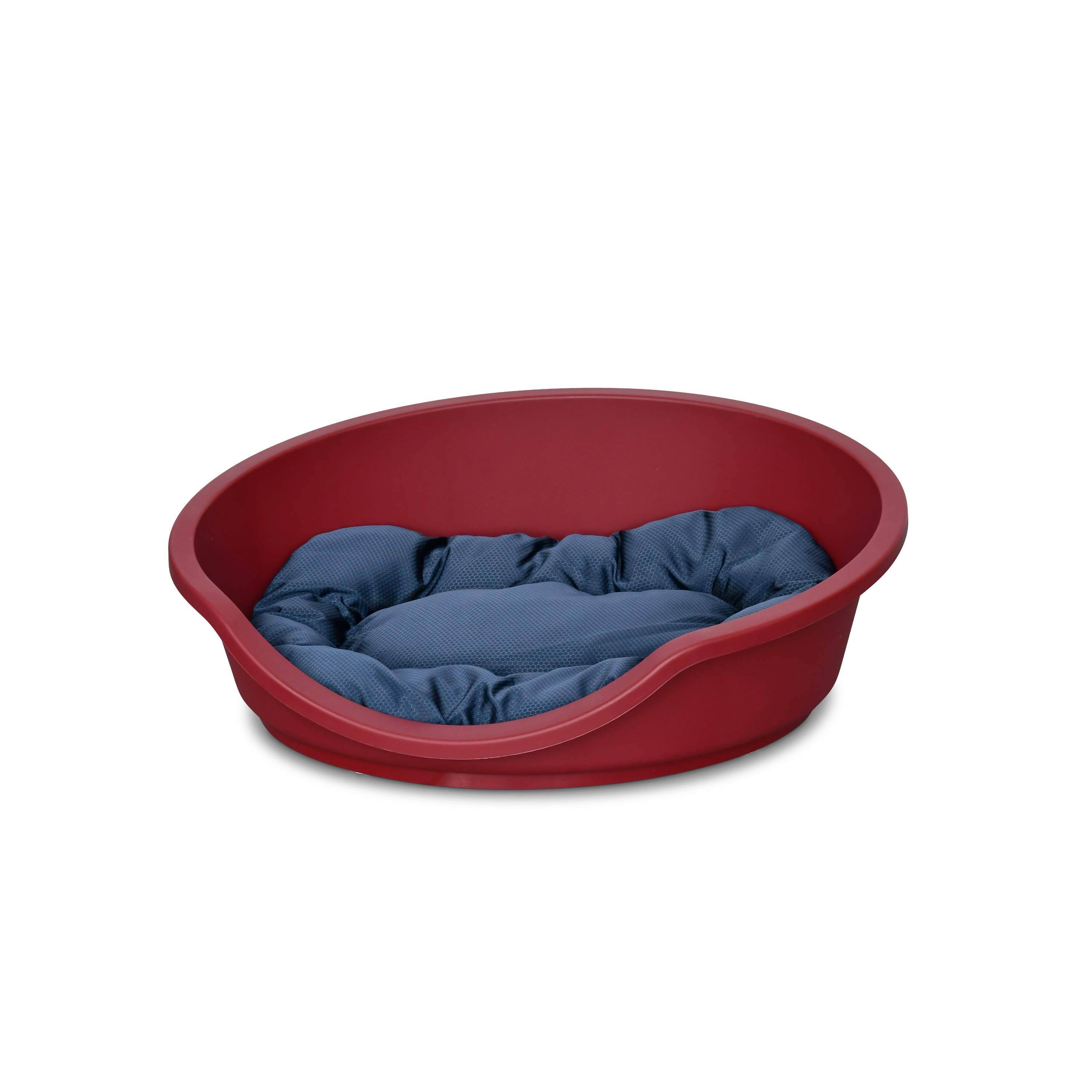 Rode plastic mand voor middelgrote hond en ovaal grijs/blauw hondenkussen van katoen en polyester, 70x60 cm, taille M  Photo1