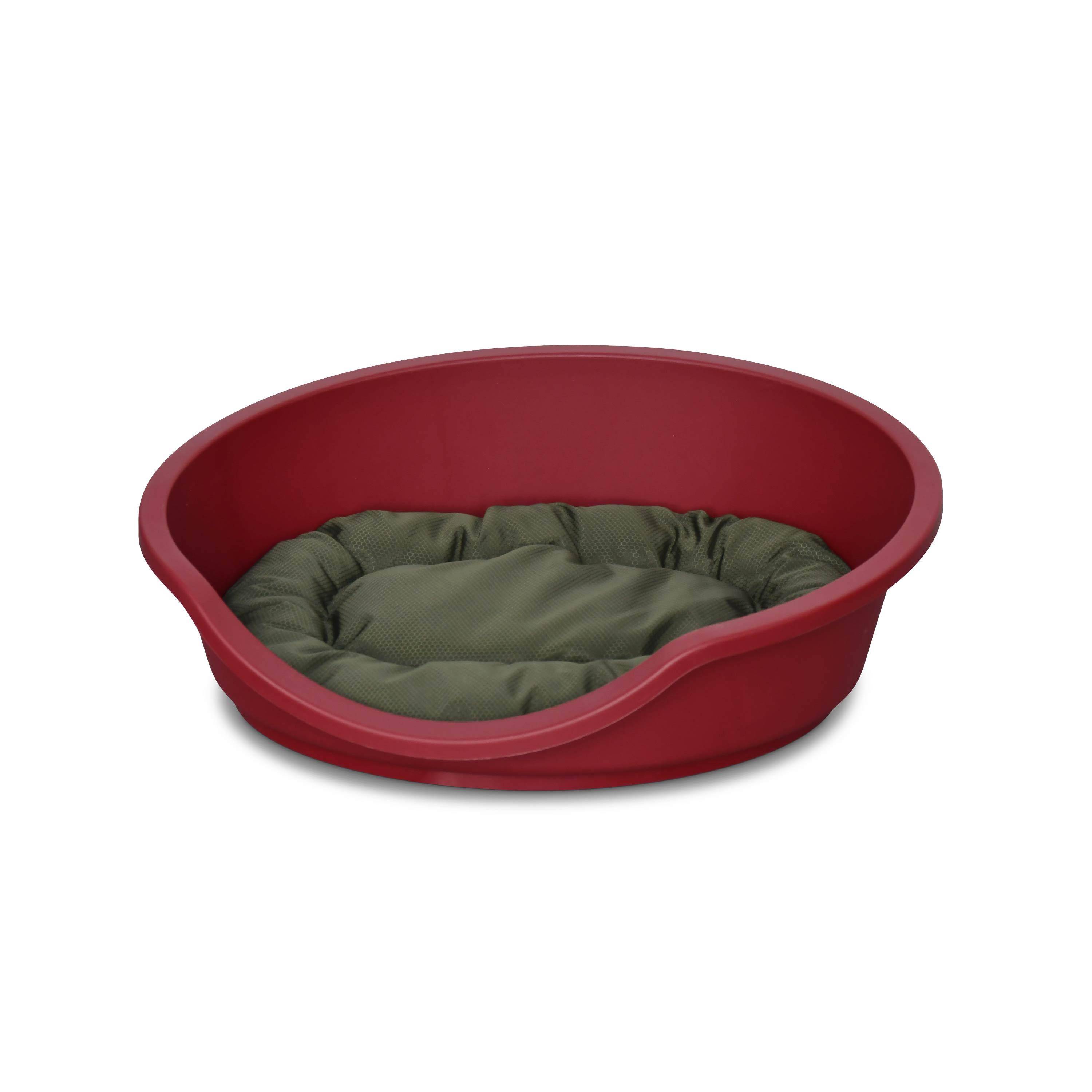 Corbeille en plastique rouge pour chien moyen et Coussin en coton et en polyester kaki et gris 70 x 60 cm de forme ovale, taille M  Photo1