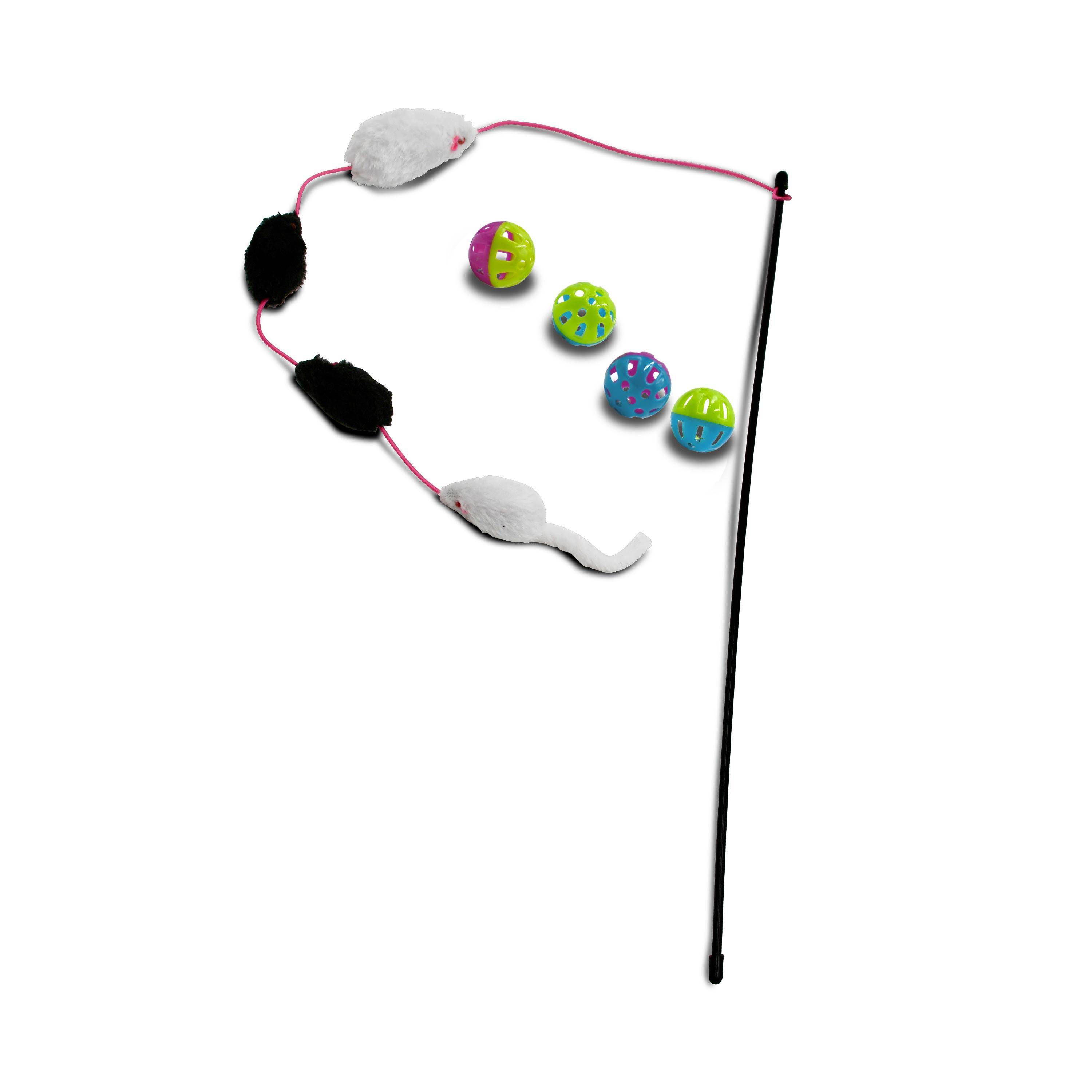 Canne à pêche avec 4 souris sur un élastique + lot de 4 balles en plastique, verte bleu et rose avec un grelot Photo1