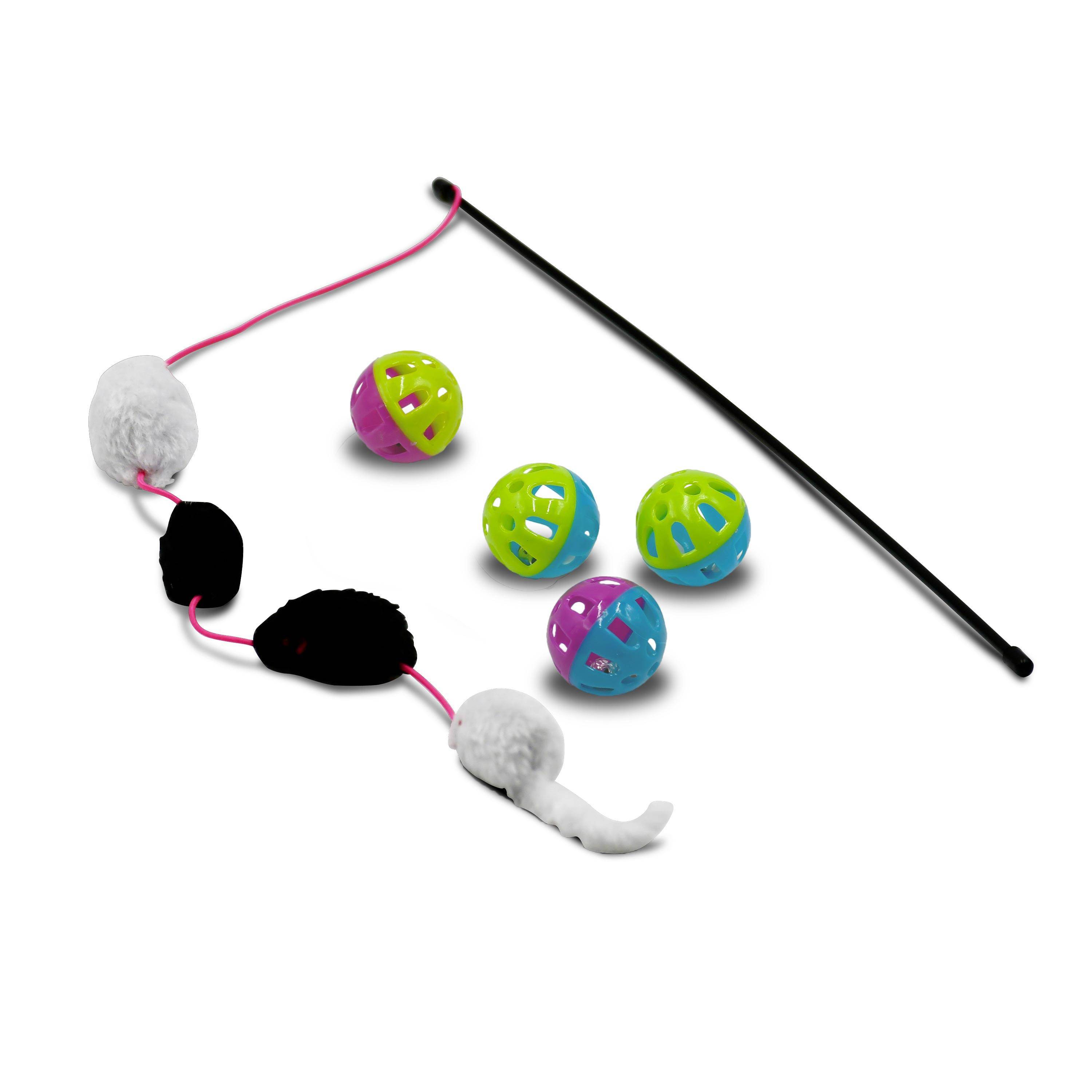 Canne à pêche avec 4 souris sur un élastique + lot de 4 balles en plastique, verte bleu et rose avec un grelot Photo2