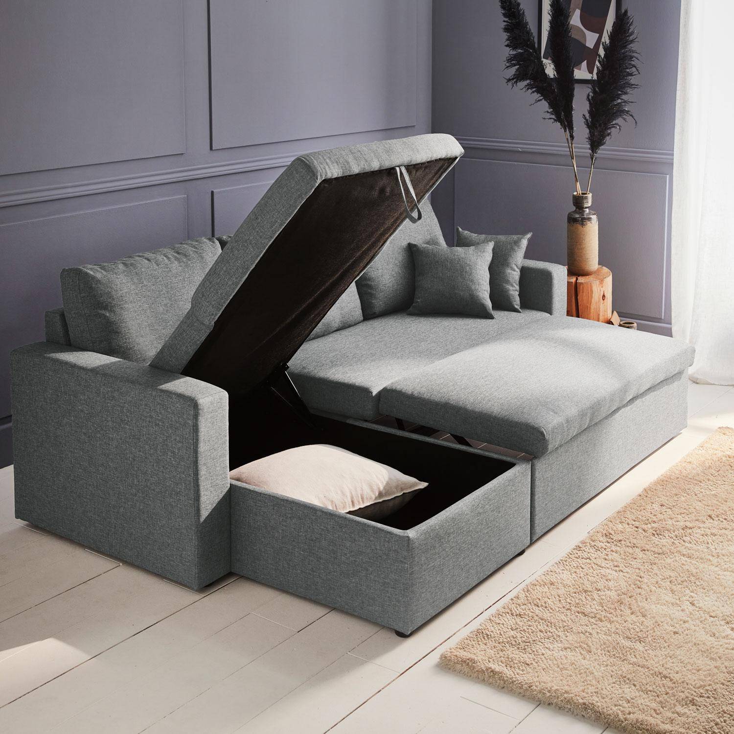 Canapé d'angle convertible en tissu gris clair - IDA - 3 places, fauteuil d'angle réversible coffre rangement lit modulable  Photo3