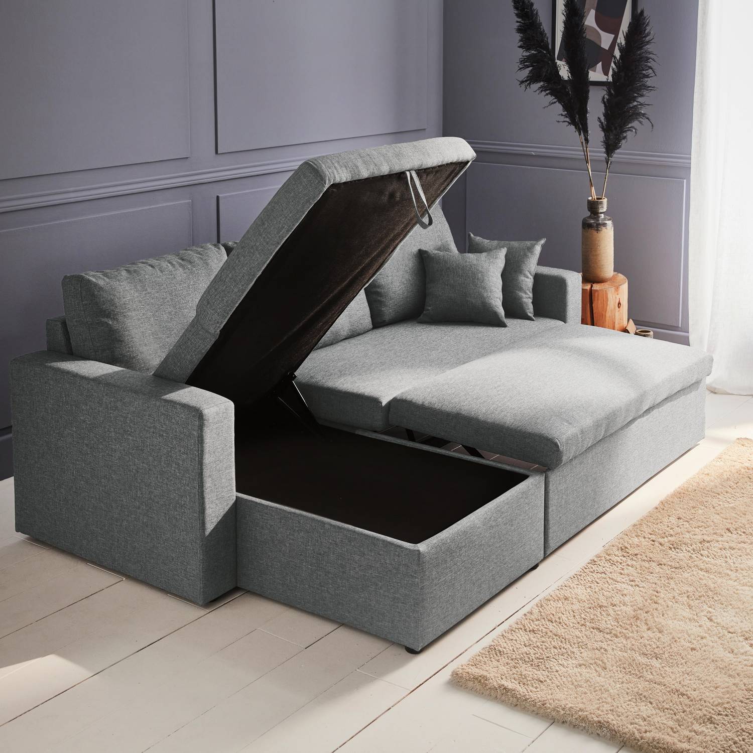 Canapé d'angle convertible en tissu gris clair - IDA - 3 places, fauteuil d'angle réversible coffre rangement lit modulable  Photo4