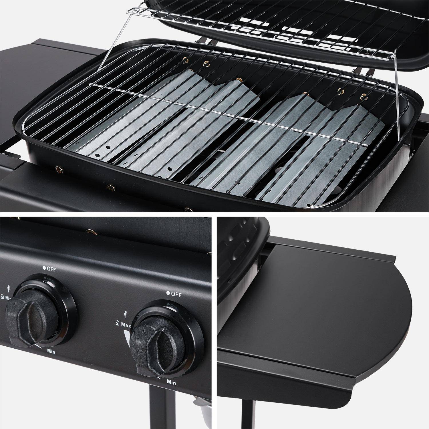 Barbecue à gaz 2 brûleurs - JUSSAC - avec thermomètre et deux tablettes latérales- noir Photo4