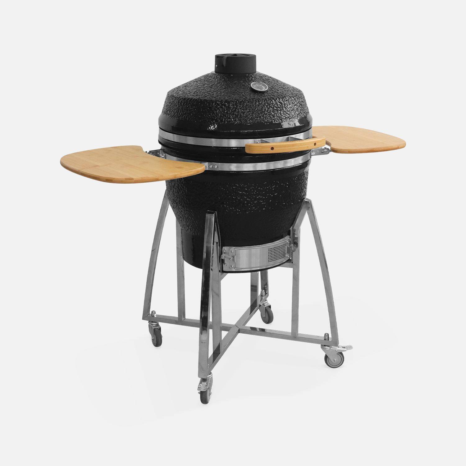 Barbecue charbon en céramique, Kamado Ø57cm, avec chariot, pierre à pizza, garde au chaud, récupérateur de cendre et housse, tablettes rétractables Photo2