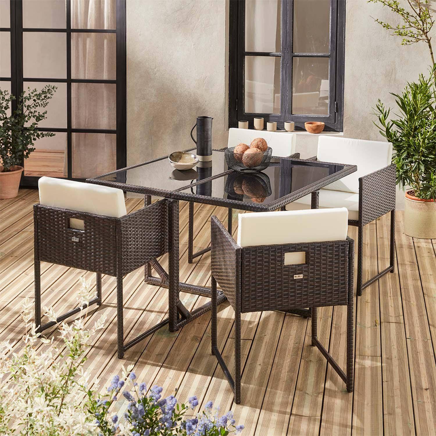 Gartenmöbel aus geflochtenem Harz für 4 Personen - FIRENZE 4 - braune Farbe, weiße Kissen, eingebauter Tisch Photo1