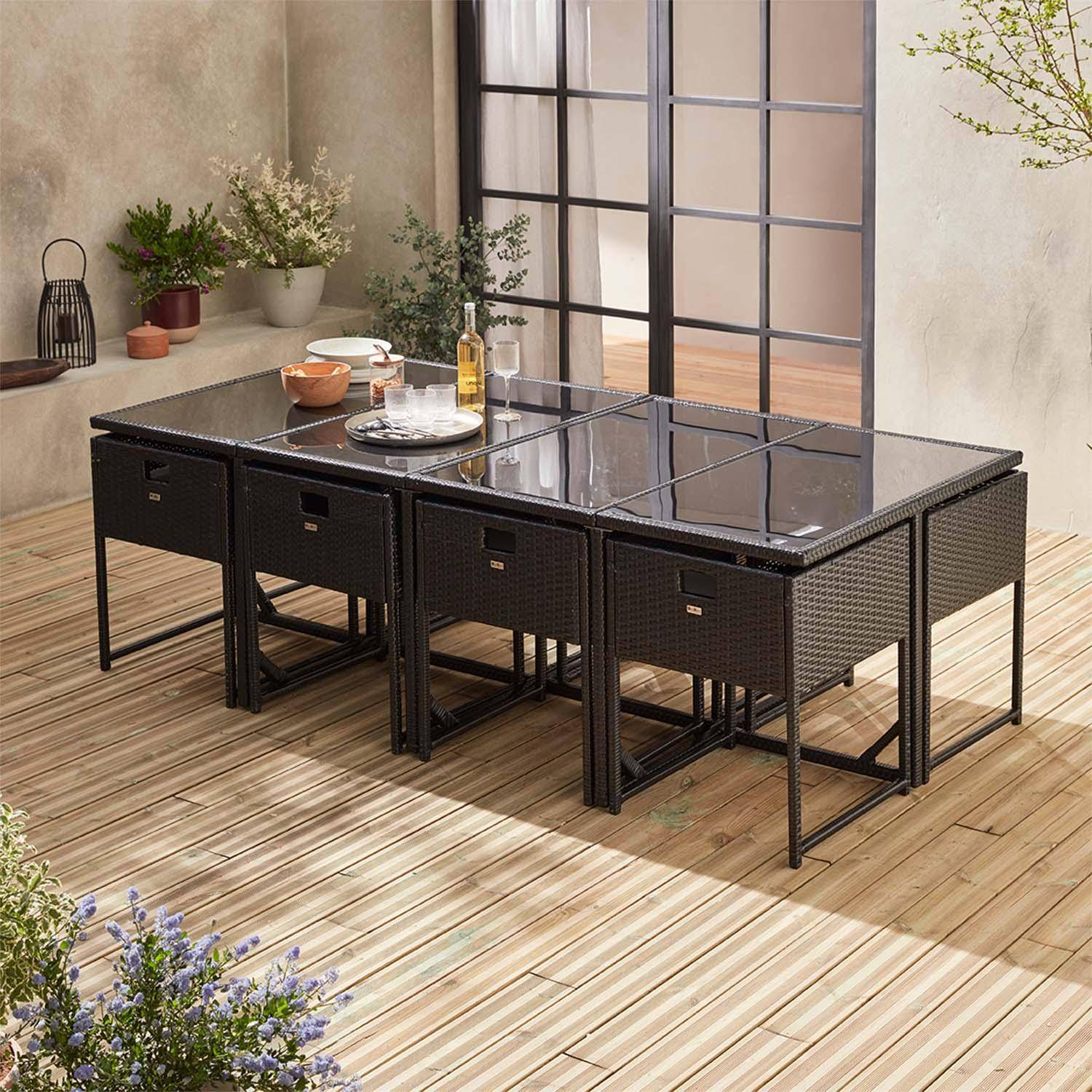 Table de jardin en résine 8 places – FIRENZE 8 – coloris noir, coussins blancs, table encastrable Photo2
