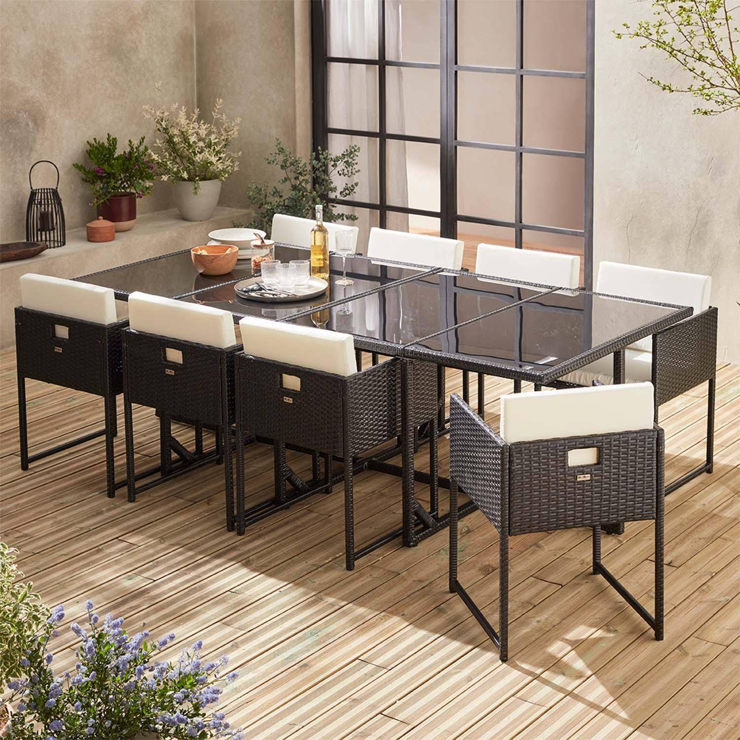 Table de jardin en résine 8 places – FIRENZE 8 – coloris noir, coussins blancs, table encastrable Photo1