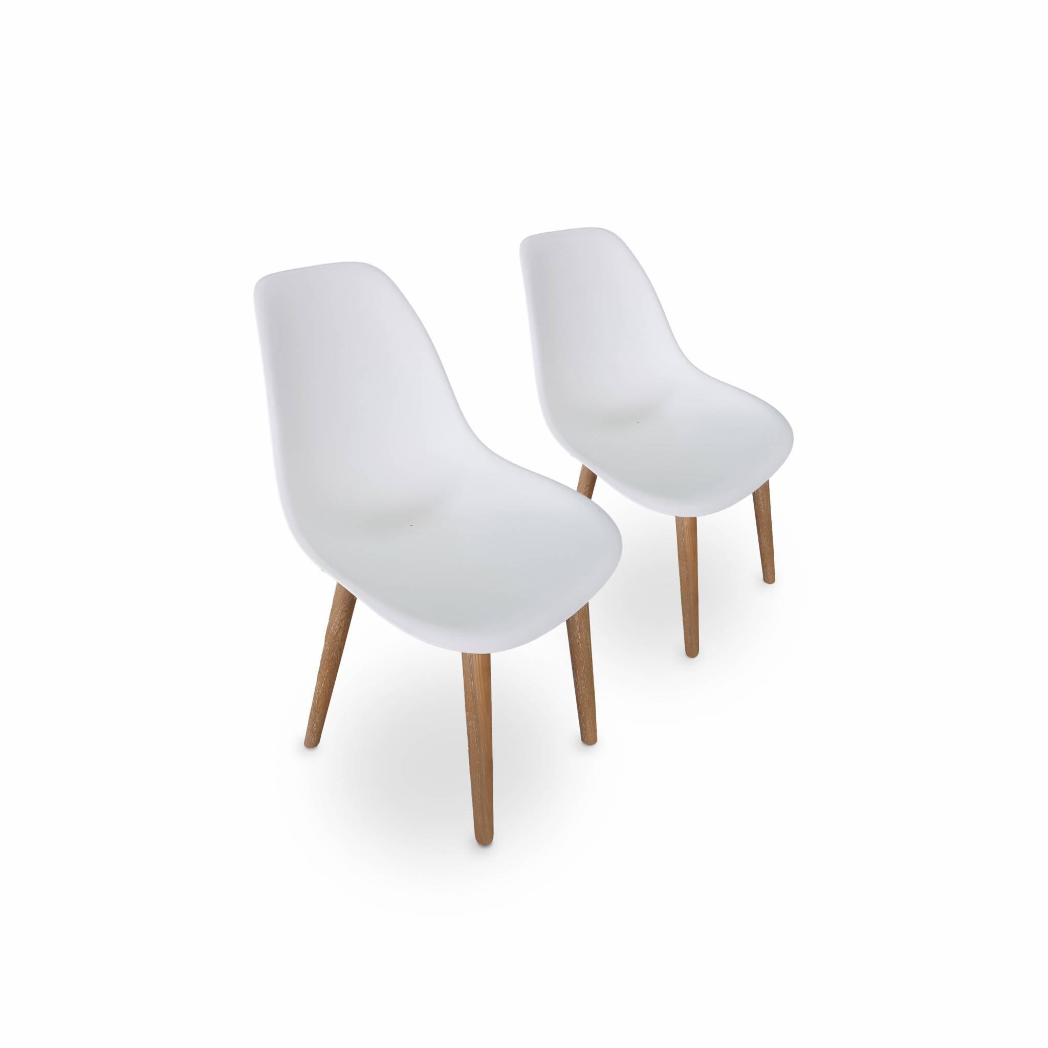 2er Set skandinavische Stühle Penida, aus Akazienholz und weißem Kunstharz gespritzt, innen/außen Photo1
