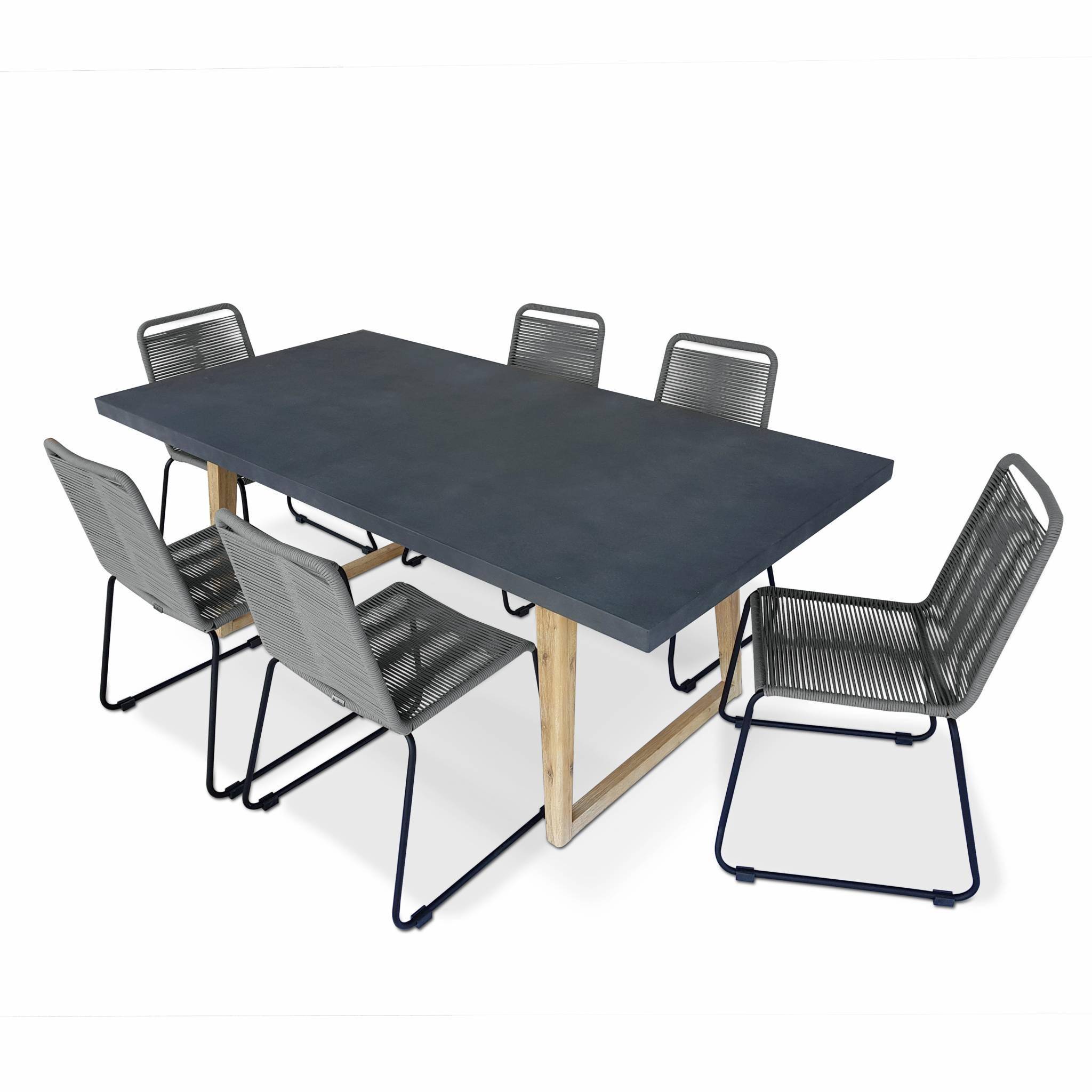 Table de jardin rectangulaire en fibre de ciment 200cm Borneo et chaises de jardin Brasilia en corde gris clair empilables Photo1