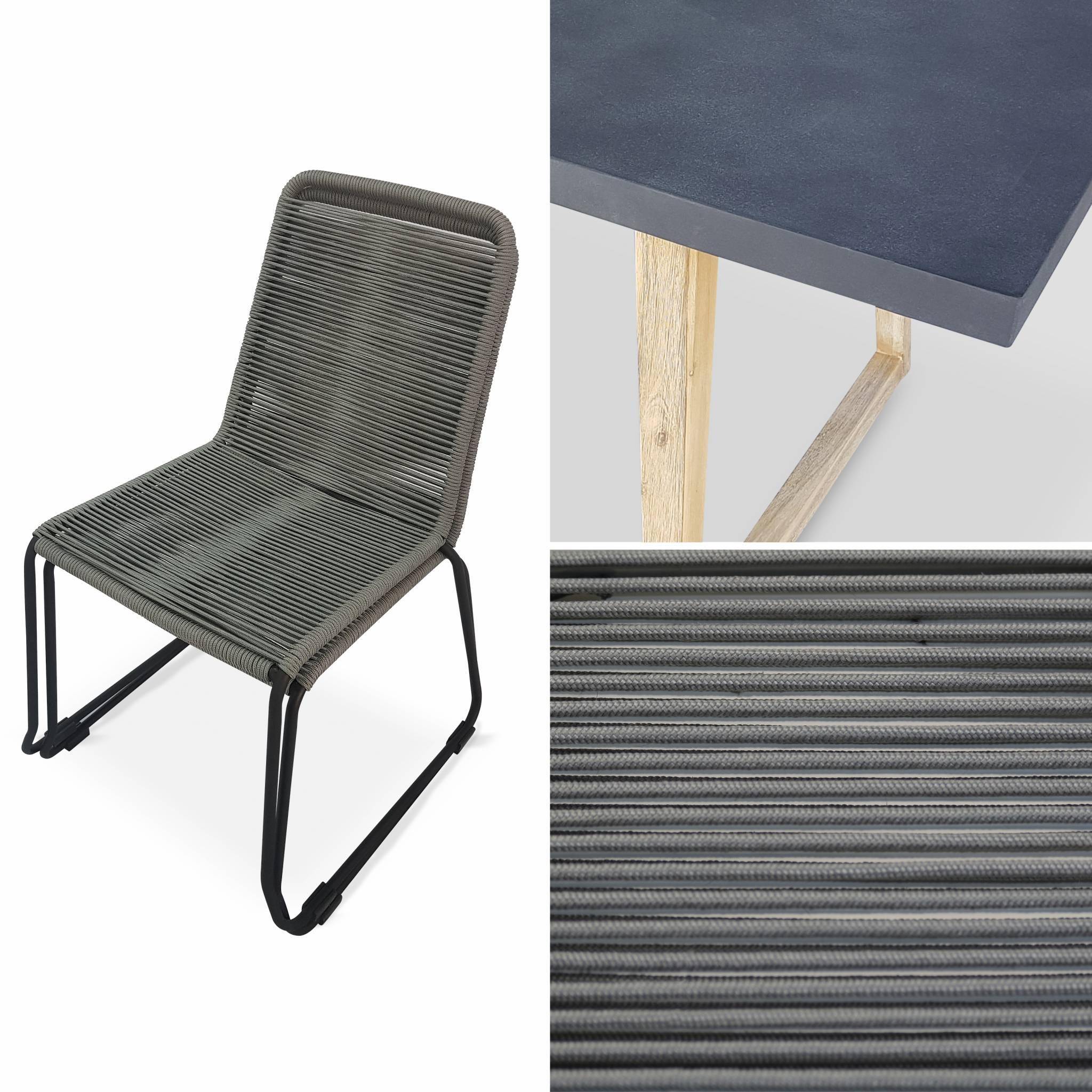Table de jardin rectangulaire en fibre de ciment 200cm Borneo et chaises de jardin Brasilia en corde gris clair empilables Photo4