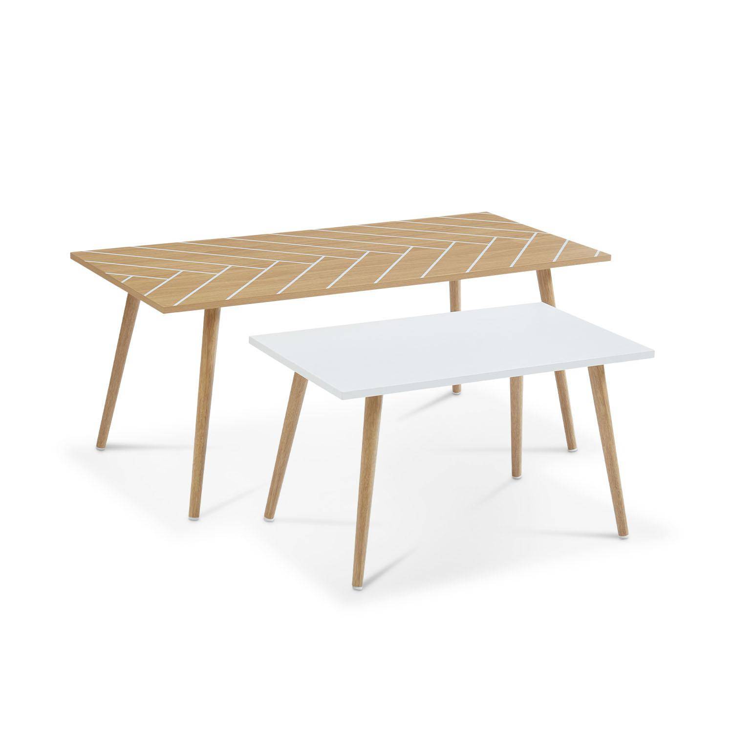 Conjunto de 2 mesas de centro natural y blanco - 110x50x45,5cm y 70x40x39cm - Etnik - base de madera maciza de eucalipto, diseño escandinavo Photo1