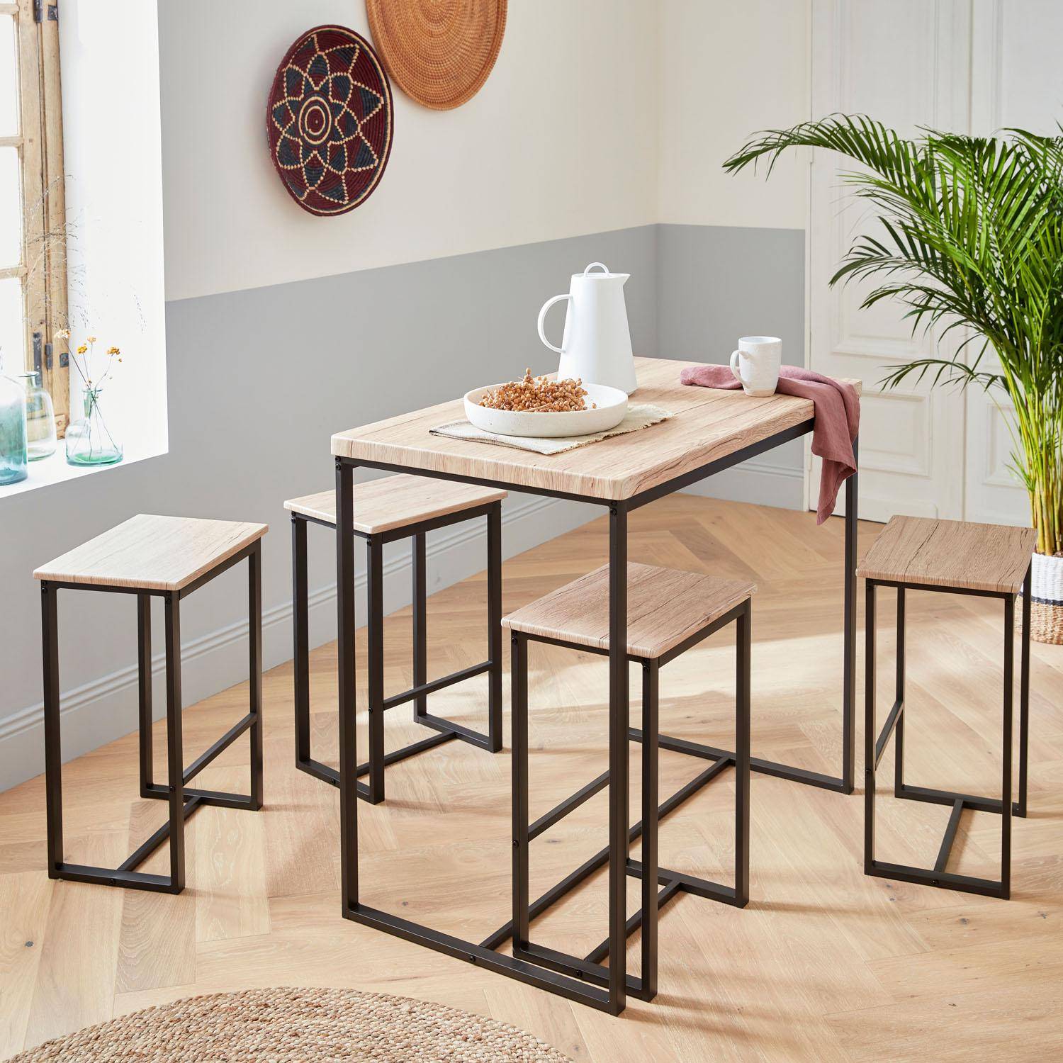 Conjunto mesa alta rectangular LOFT con 4 taburetes de barra, en acero e imitación madera, de diseño Photo1