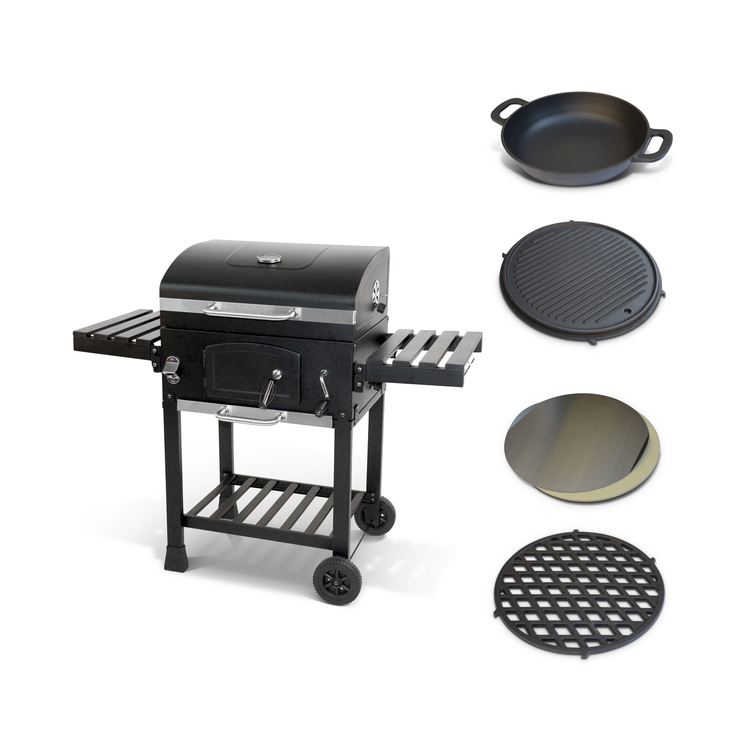 Houtskoolbarbecue - Smoker met asbak + Kookaccessoires: Wok, grill, plaat, steen Photo1