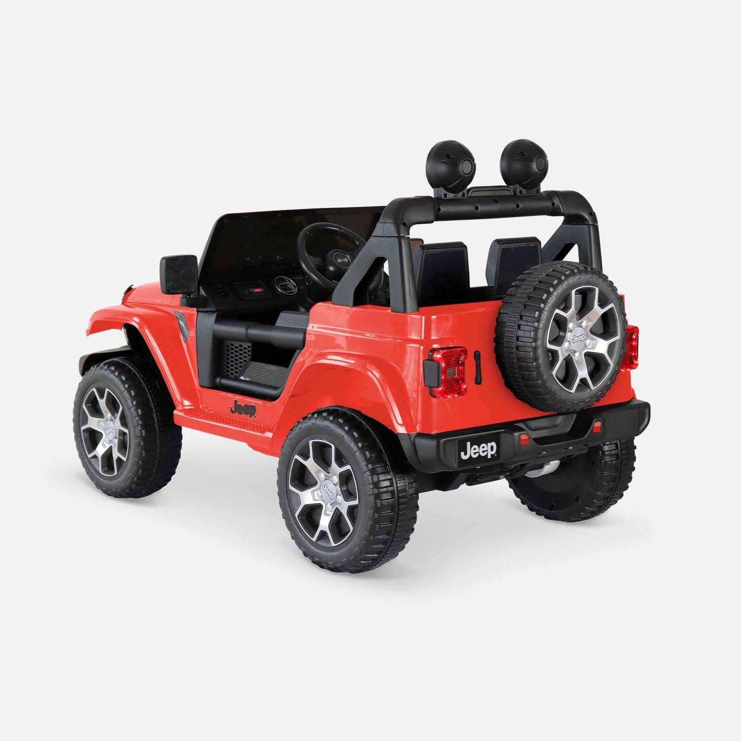 Carro eléctrico de 12V para crianças - JEEP Wrangler Rubicon 2 rodas motrizes, vermelho, 1 lugar, com auto-rádio, controlo remoto, MP3, porta USB / cartão SD, tomada jack e faróis funcionais Photo2