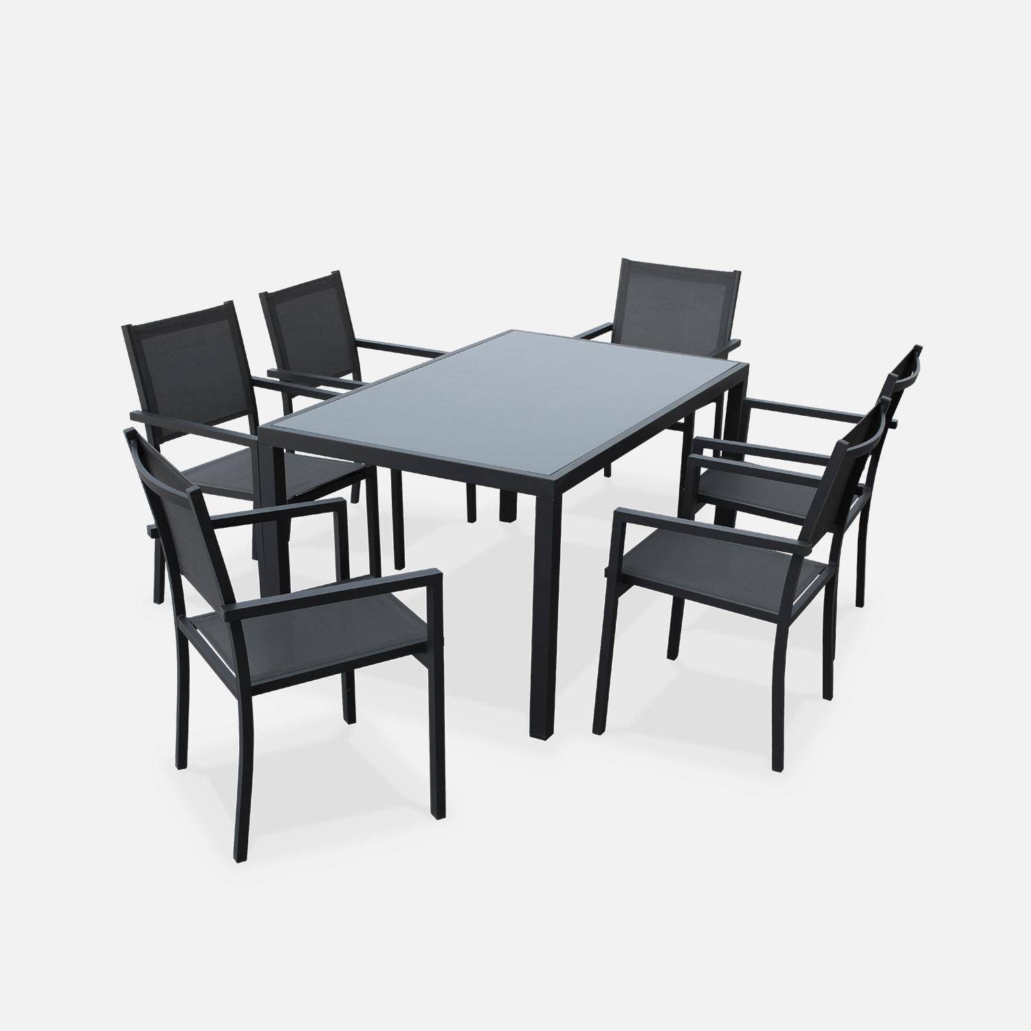 Gartengarnitur aus Aluminium mit Textilene - Capua - Anthrazit, grau - 6 Plätze - 1 großer rechteckiger Tisch, 6 stapelbare Sessel Photo2